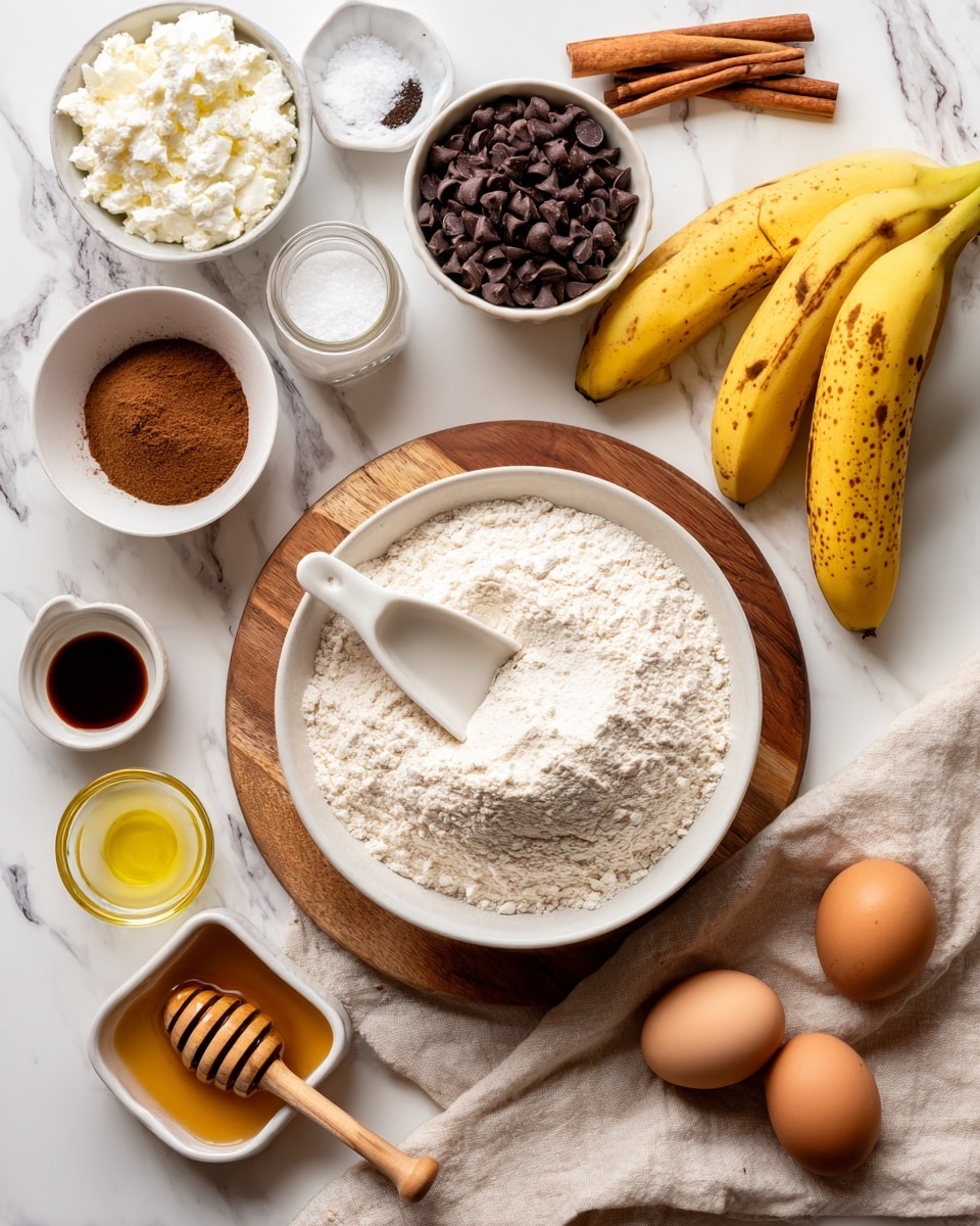 A white bowl filled with white whole wheat flour sits on a wooden board at the center, a white scoop rests on top of the flour. To the right, a white plate holds two yellow bananas with brown spots. Above the flour bowl is a smaller bowl filled with dark chocolate chips. On the top left is a bowl with white cottage cheese. Small white dishes hold baking soda and cinnamon powder, the cinnamon dish with a silver spoon inside. Below, a clover-shaped dish contains honey with a wooden honey dipper resting on it. Nearby are two whole brown eggs resting on a light beige cloth. To the left are a small glass jar of salt, a glass container of yellow avocado oil, a small clear bowl of dark vanilla extract, and a white plate with a white round baking powder container. The whole scene is set on a white marbled surface with two cinnamon sticks placed near the top and middle. Photo taken with an iphone --ar 4:5 --v 7