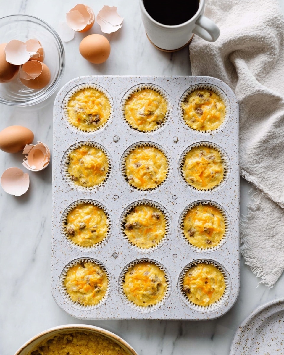 A speckled white muffin tray holds twelve paper-lined cups filled three-quarters with a yellow batter mixed with bits of brown sausage and shredded cheese, giving each cup a slightly lumpy texture with orange and light brown spots. The tray sits on a white marbled surface next to broken brown eggshells and a clear bowl of egg shells on the upper left. To the upper right is a white ceramic cup with dark liquid, placed on top of a crumpled white linen cloth. At the bottom, part of a bowl with more yellow batter mixed with sausage pieces is partially visible. The scene is bright and clean. photo taken with an iphone --ar 4:5 --v 7