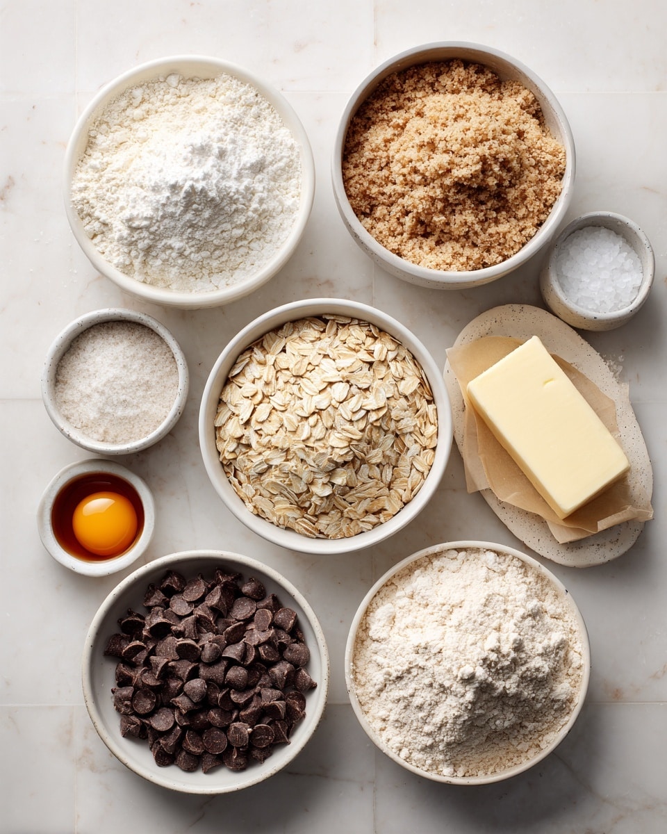 The image shows nine white bowls and one wrapped stick of butter arranged on a white marbled tiled surface. From top left, a small white bowl contains white baking powder with a powdery texture. Next to it, a larger bowl holds light brown crushed flax seed with a grainy texture in the center. To the right, a small bowl is filled with fine white salt crystals. Below the baking powder, a bowl contains dark chocolate chips with a shiny, smooth surface. In the center, a bowl is filled with tan rolled oats that have a flat, dry texture. To the right, a bowl has a heap of off-white whole wheat flour with a powdery look. At the bottom left, a small bowl holds a dark brown vanilla liquid, and beside it, a bowl contains a raw egg with clear whites and a yellow-orange yolk. Next to the vanilla is a bowl filled with packed light brown sugar with a coarse texture. Lastly, a wrapped stick of pale yellow butter rests on the right side. Each ingredient is labeled clearly with light pink tags, and the overall scene has a clean and organized look. photo taken with an iphone --ar 4:5 --v 7