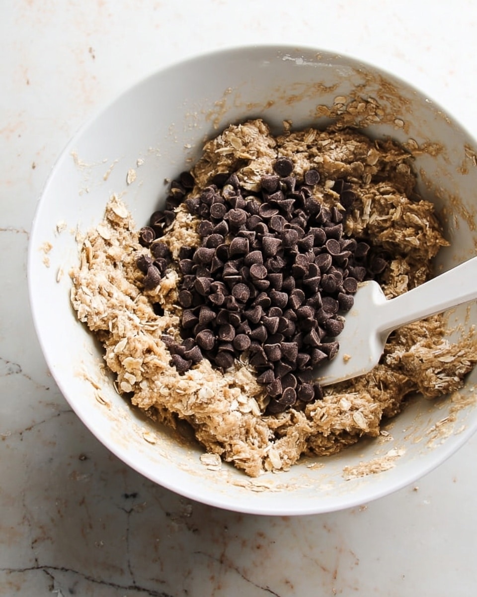 A white bowl with a thick dough mixture that has light brown and beige colors with visible oats spread throughout, with a heap of small, dark brown chocolate chips sitting on top in the center. A white spatula is partially inside the bowl, scooping up some of the dough and chips from the right side. The bowl is placed on a white marbled surface with hints of gray veins. photo taken with an iphone --ar 4:5 --v 7