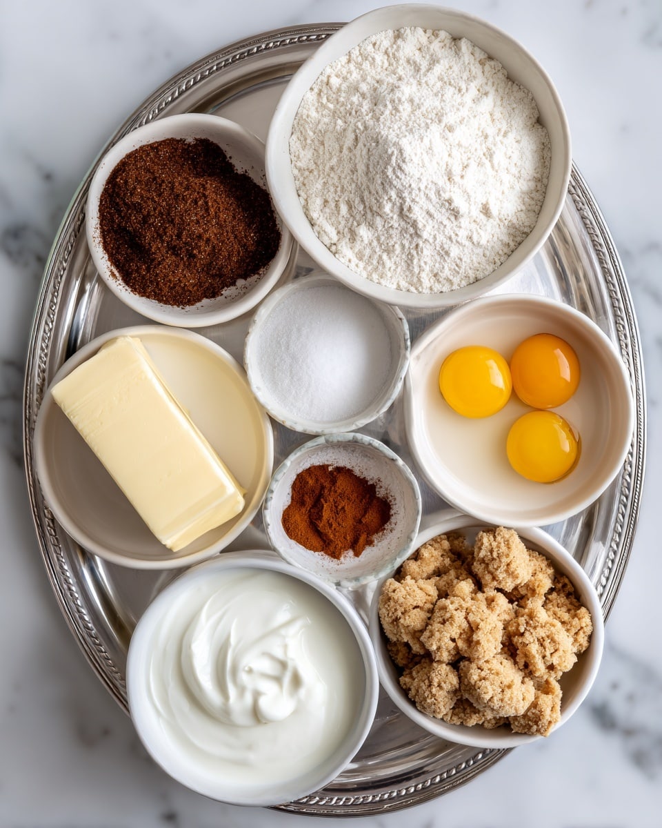 A silver tray holds ten small white bowls and containers with different baking ingredients arranged neatly. Starting from the top left, there is a small white bowl filled with dark brown cinnamon sugar, next to it on the right is a larger white bowl filled with fine white gluten-free flour. Below the cinnamon sugar, a small white bowl contains a white powder mix labeled baking powder, soda, and salt, and next to it towards the center is a tiny white bowl with reddish-brown cinnamon powder. To the right of cinnamon powder lies a stick of pale yellow butter. On the bottom left is a white bowl full of white sugar, and next to it a white bowl with thick white Greek yogurt. At the bottom right corner, a white bowl contains crumbly, light brown streusel. Between the butter and streusel, there's a small glass jar of light cream milk, and below it, a white bowl with two yellow egg yolks in egg whites. Finally, on the very bottom left is a tiny white bowl containing dark amber vanilla extract. The tray rests on a white marbled surface. photo taken with an iphone --ar 4:5 --v 7