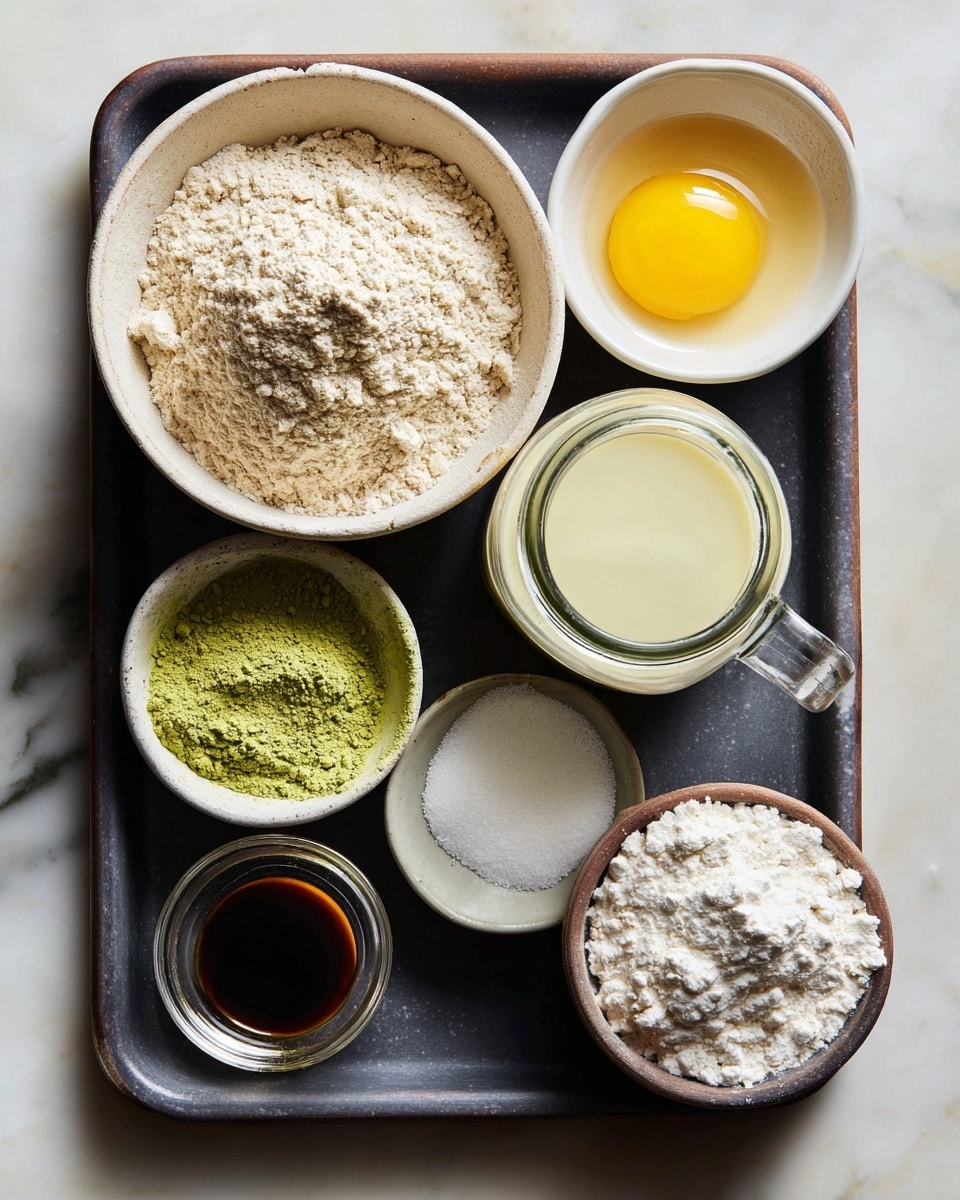 A white bowl filled with light beige oat flour sits on the top left of a dark baking tray, next to a small white bowl with a bright yellow egg yolk on the top right. Below the oat flour is a glass jar with creamy light beige milk. To the right of the milk jar is a small white bowl filled with pale green matcha powder. Next to it is a small white bowl with white baking powder and soda powder. Below the matcha is a very small clear dish with dark brown vanilla extract. To the left of the vanilla is a small white bowl with light golden apple sauce, and to its right is a similar small white bowl filled with white sugar. The tray is placed on a white marbled surface. photo taken with an iphone --ar 4:5 --v 7