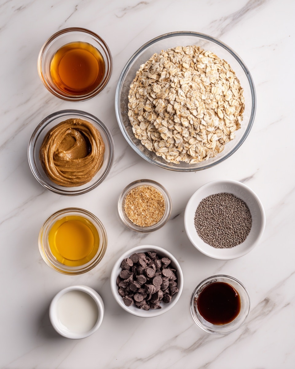 The image shows eight small white bowls with different ingredients placed on a white marbled surface. In the center is a large glass bowl filled with light tan oats. Above the oats, there is a medium glass bowl with creamy dark brown cashew butter. To the right of the cashew butter is a small glass bowl containing tiny black and white chia seeds. Below the chia seeds is another medium glass bowl filled with dark brown chocolate chips. To the left of the oats is a small white bowl holding dark amber maple syrup, and below it is another small white bowl with clear white coconut oil. At the bottom left are two matching small white bowls: one with light brown almond extract and the other with dark brown vanilla extract. The bowls are neatly arranged and the image has a clean, bright look. Photo taken with an iphone --ar 4:5 --v 7