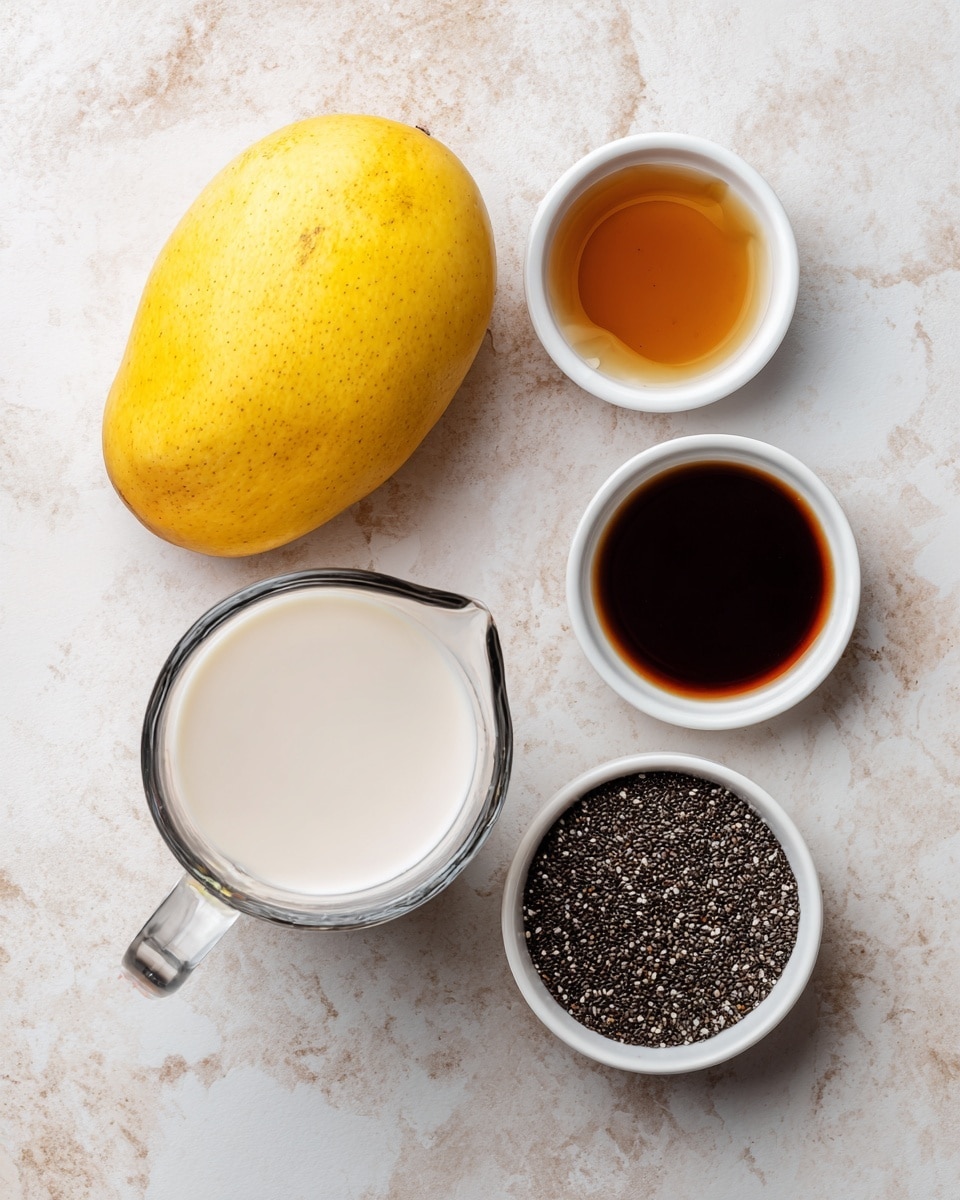 The image shows five food items arranged on a surface with a white marbled texture. Starting from the top left, there is one whole ripe mango with a smooth yellow skin. To the right of the mango, there is a small bowl with light brown maple syrup inside. Below the maple syrup is another small bowl containing dark brown vanilla liquid. At the bottom right, there is a white bowl filled with small black chia seeds. Lastly, on the bottom left, there is a clear measuring jug filled almost to the top with white coconut milk. Each item is spaced apart neatly, creating a clean and simple layout. photo taken with an iphone --ar 4:5 --v 7