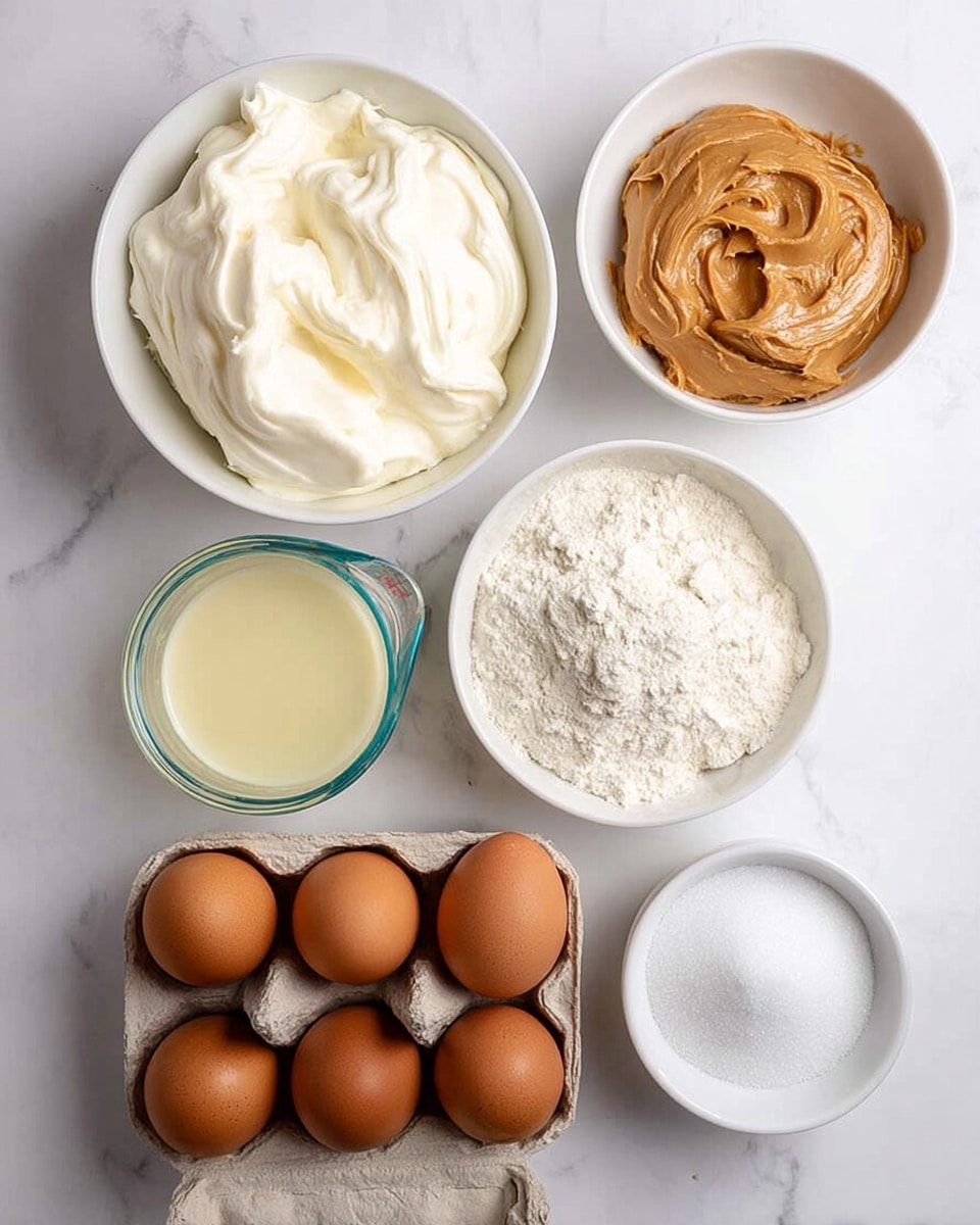 The image shows six ingredients arranged neatly on a white marbled surface. At the top left is a white bowl filled with a thick, creamy white substance that looks smooth and swirled. To its right is another white bowl holding a rich, smooth peanut butter with a deep brown color and thick texture. Below the peanut butter, there is a smaller white bowl containing white granulated sugar, and next to it on the left is another small white bowl with white flour powder. On the bottom left, there is a clear measuring jug filled with a creamy liquid, and in front of it is an open egg carton holding three brown eggs. The setup is bright and clean, showing the different textures and colors clearly. photo taken with an iphone --ar 4:5 --v 7