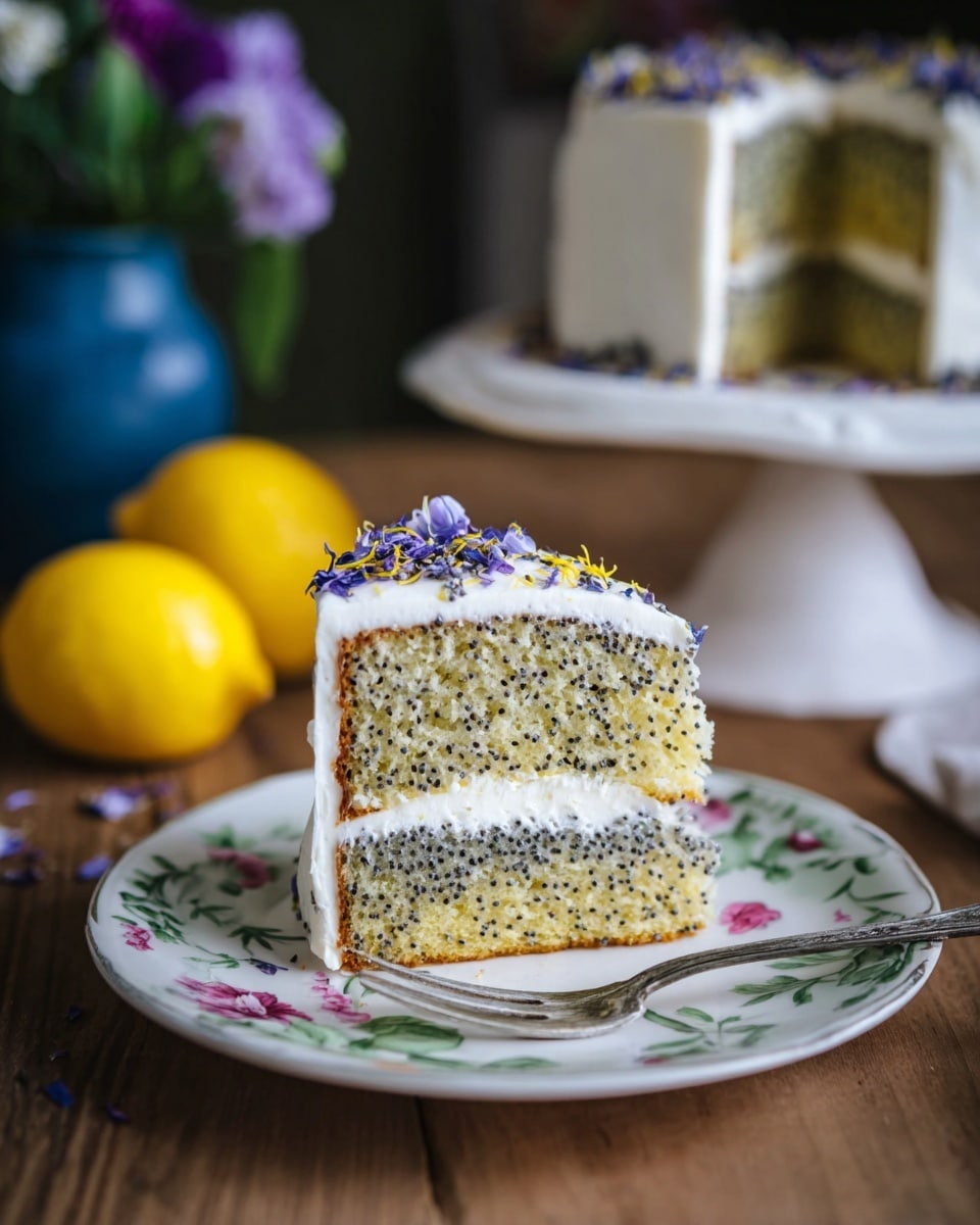 A slice of two-layer lemon poppy seed cake rests on a white plate with floral patterns, placed on a wood surface. Each cake layer is pale yellow with black poppy seeds dotted throughout, separated by a thick layer of smooth, white frosting. The top of the slice is covered with the same white frosting, sprinkled with poppy seeds and small purple edible flowers. A silver fork lies next to the cake on the plate. In the blurred background, the rest of the cake sits on a white cake stand, and two bright yellow lemons and a blue vase with purple flowers add color. Photo taken with an iphone --ar 4:5 --v 7