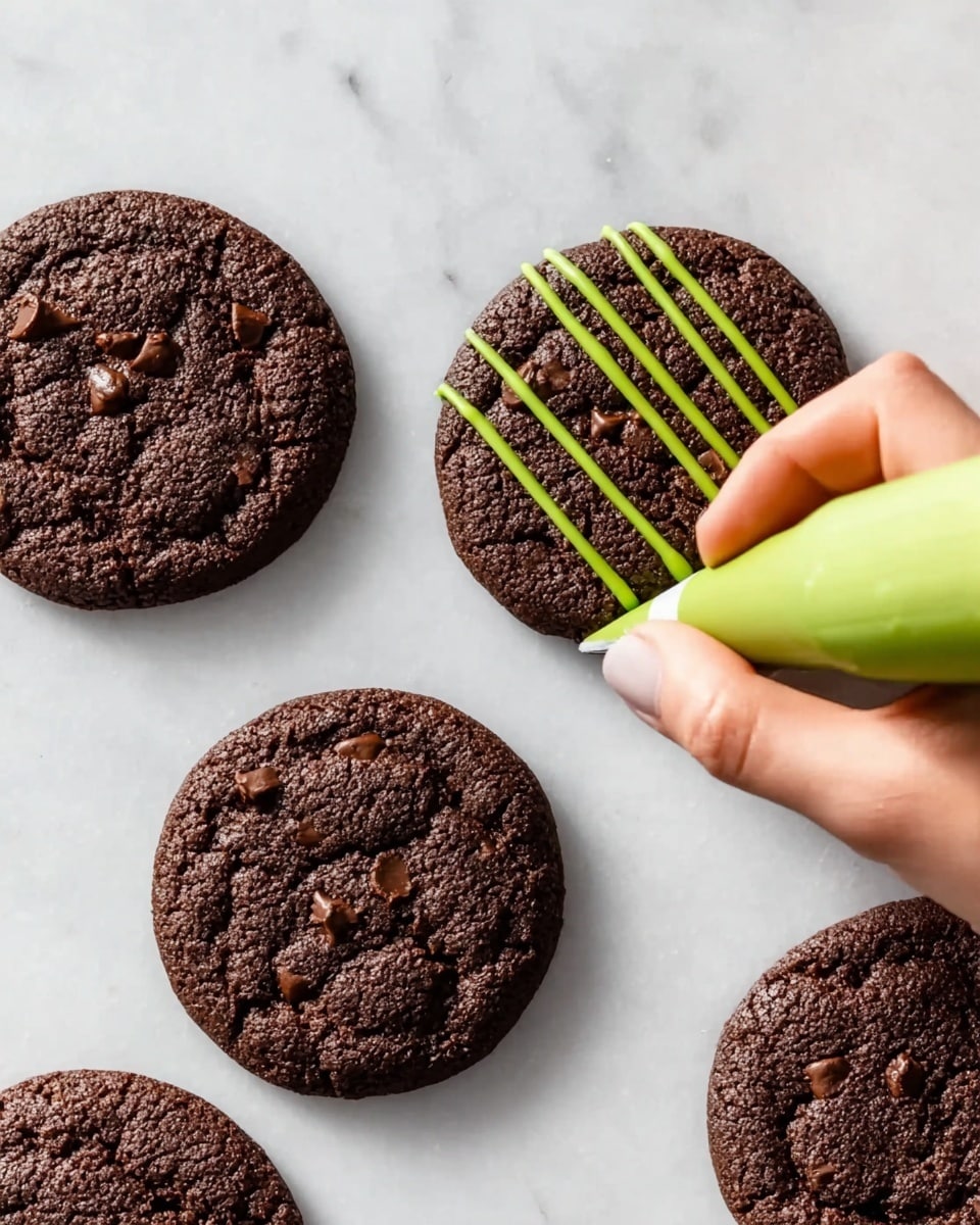 The image shows four dark brown, round chocolate cookies with a rough texture and small lighter brown chunks inside. Three cookies are lying flat on a white marbled surface, and one cookie in the upper right is being decorated. A woman's hand is holding a green piping bag, drawing three even vertical lines of bright green icing on the cookie in the upper right. The cookies have a soft and slightly cracked look. Photo taken with an iphone --ar 4:5 --v 7