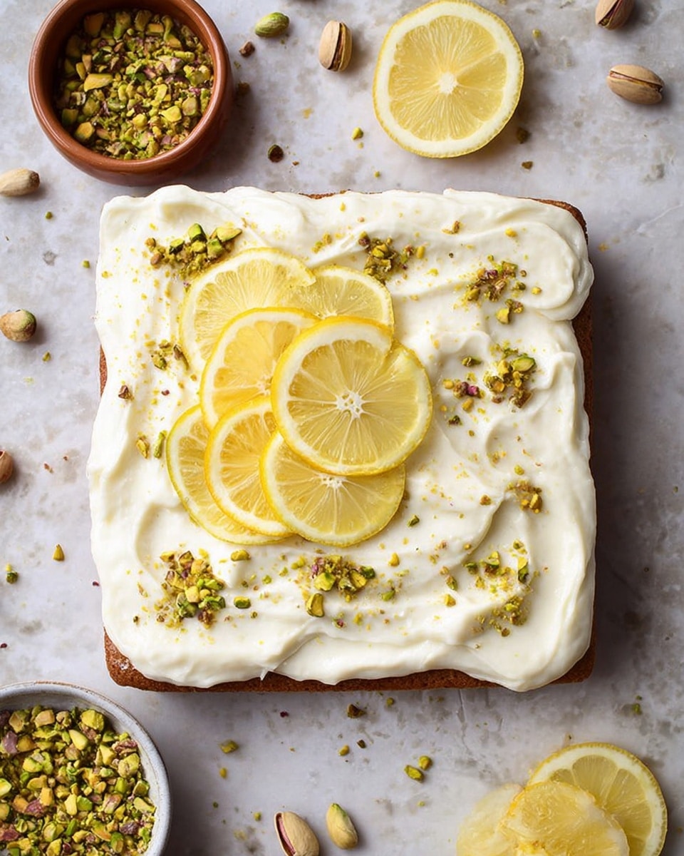 A square cake with one visible layer of light brown color at the bottom is topped with a thick, creamy white frosting spread unevenly, creating soft swirls on the surface. On top of the frosting, there are four thin lemon slices arranged overlapping in the center-left area. The frosting is sprinkled with crushed green and yellow pistachios spread lightly all over. Around the cake on a white marbled surface, there are whole and shelled pistachios scattered, along with lemon halves and slices, and a small brown bowl filled with crushed pistachios. Photo taken with an iphone --ar 4:5 --v 7