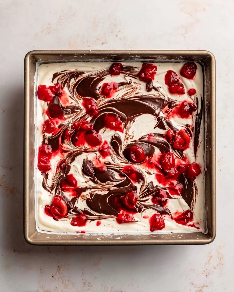 The image shows a square baking pan filled with a creamy white base layer. On top, there are swirls of dark chocolate spread across the surface in thick ribbons. Scattered over and within the swirls are bright red cherry pieces in syrup, creating a vibrant contrast with the white and dark layers. The pan sits on a white marbled surface, and the overall look is rich and colorful. photo taken with an iphone --ar 4:5 --v 7