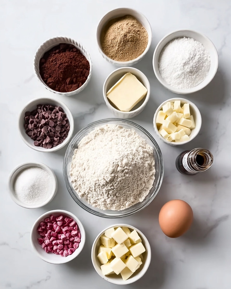 A top-down view of a white marbled surface with a clear glass bowl in the center filled with white flour. Surrounding it are small white bowls containing different ingredients: dark brown cocoa powder, light brown sugar, white sugar, white baking powder, white butter cubes, red berry pieces, pink chocolate chips, and white chocolate chips. To the right of the flour bowl, there is a single brown egg and a small dark bottle of vanilla bean paste. The arrangement is neat and evenly spaced, showing a clean, organized baking setup. photo taken with an iphone --ar 4:5 --v 7