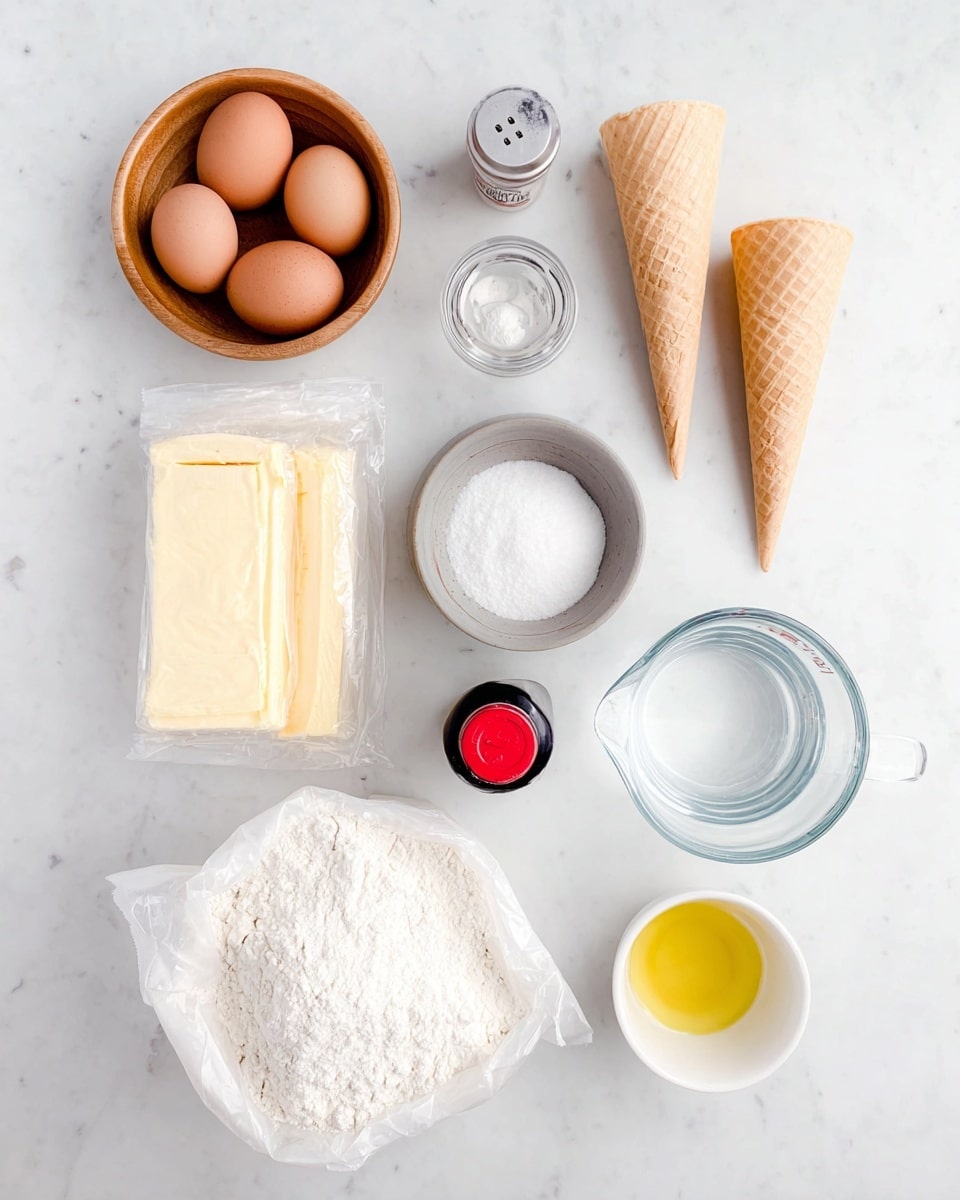 The image shows baking ingredients neatly arranged on a white marbled surface. There are three brown eggs in a wooden bowl at the top left, and next to it is a small glass container with a silver lid, likely containing a spice. Nearby are two light-colored ice cream cones standing upright. Below these is a small gray bowl with a white liquid inside, and a small dark bottle with a red cap sits beside it. At the bottom right is a clear glass measuring cup with water. To the left, there is a white bag of flour laid flat, and under it two sticks of butter in cream-colored wrappers. A wooden bowl full of powdered sugar sits at the bottom center, and just above it is a white cup with a yellow liquid, possibly oil. Everything is cleanly placed with good spacing around the items. Photo taken with an iphone --ar 4:5 --v 7