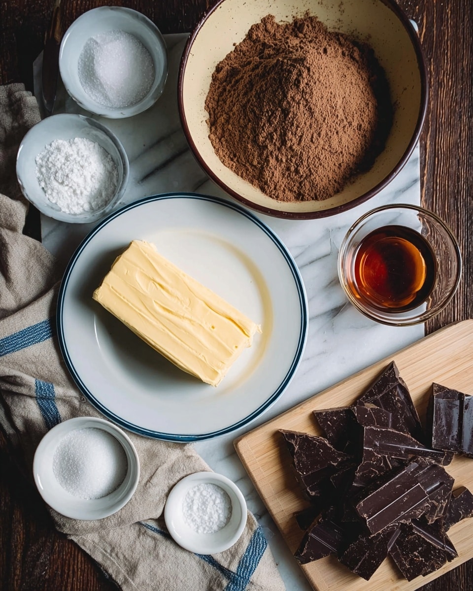 The image shows several baking ingredients placed on a white marbled surface with a dark wooden background. In the center, there is a white plate with a blue rim holding a rectangular block of pale yellow butter. Above it, a beige bowl with a dark rim contains a pile of brown flour. To the right, a small clear glass bowl holds brown sugar, and below it, pieces of chopped dark chocolate are spread on a light wooden board. Around these main items are small white dishes with salt, baking soda, and another white powder, as well as a small white cup with a dark liquid. There is also a clear glass containing a dark amber liquid near the bottom. A beige cloth with blue stripes lies beneath some of the ingredients. photo taken with an iphone --ar 4:5 --v 7