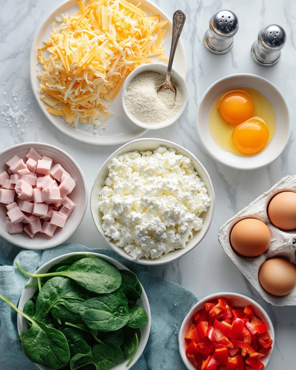 A white bowl filled with white cottage cheese with a bumpy texture sits at the center top on a white marbled surface. To its right are salt and pepper shakers next to a small white bowl holding light beige powder labeled onion powder and garlic powder, with a metal spoon inside. Below, a white bowl contains small cubes of pink ham. To the bottom right, a white bowl holds three cracked eggs with bright yellow yolks, next to an egg carton with five whole brown eggs and two empty spaces with eggshells scattered nearby. On the lower left, a white bowl is full of fresh dark green spinach leaves resting over a light blue cloth. Above it and slightly left is a large white plate with shredded pale yellow cheddar cheese and a block of cheese at one edge. At the bottom center, a white bowl is filled with chopped red bell pepper pieces. All items are laid on a white marbled surface. Photo taken with an iphone --ar 4:5 --v 7