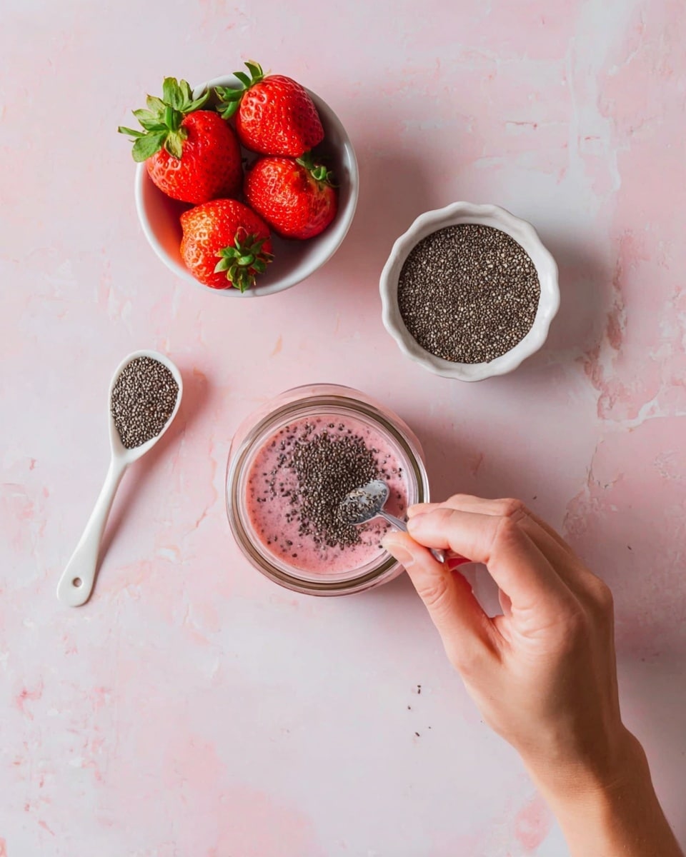 A woman's hand is pouring small black and white chia seeds from a small white bowl into a clear glass jar filled with pink liquid, with some chia seeds scattered on top of the liquid. To the top left, there is a white bowl holding four large bright red strawberries with green leaves, and to the right, a white spoon filled with chia seeds rests next to another small white bowl full of chia seeds. All items are placed on a soft pink surface with light textures, resembling a white marbled texture. Photo taken with an iphone --ar 4:5 --v 7