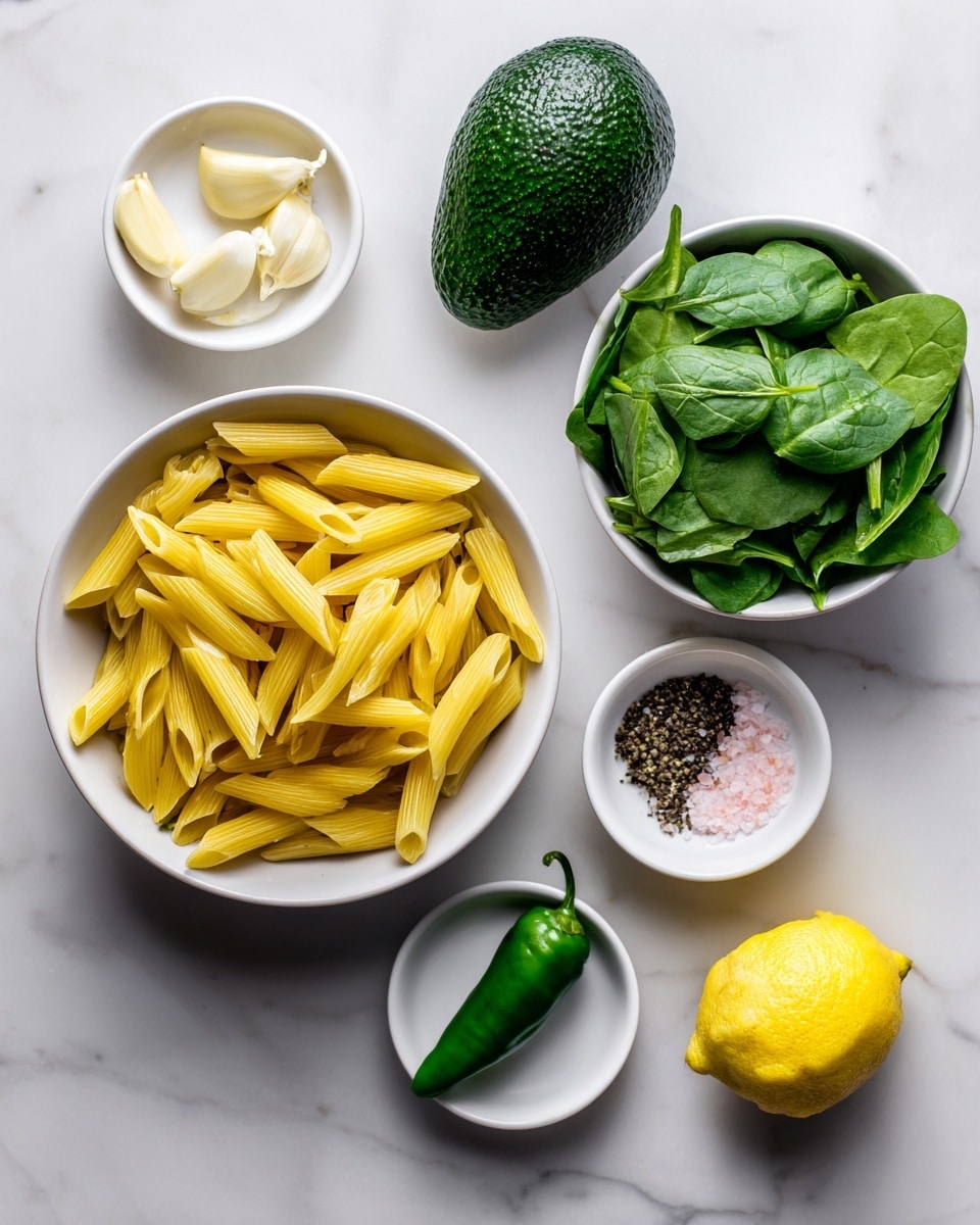 The image shows key ingredients for a recipe laid out on a white marbled surface. On the left side, there is a white bowl filled with uncooked yellow penne pasta. Above it sits a whole dark green avocado. To the right of the pasta, there are four small white bowls arranged in a loose square: the top left bowl contains two peeled garlic cloves, the top right bowl holds fresh green baby spinach leaves, the bottom left bowl contains a small green chili pepper, and the bottom right bowl holds a half lemon slice. Below the chili, another small white bowl contains pink salt and black pepper. The setup is clean and bright. Photo taken with an iphone --ar 4:5 --v 7