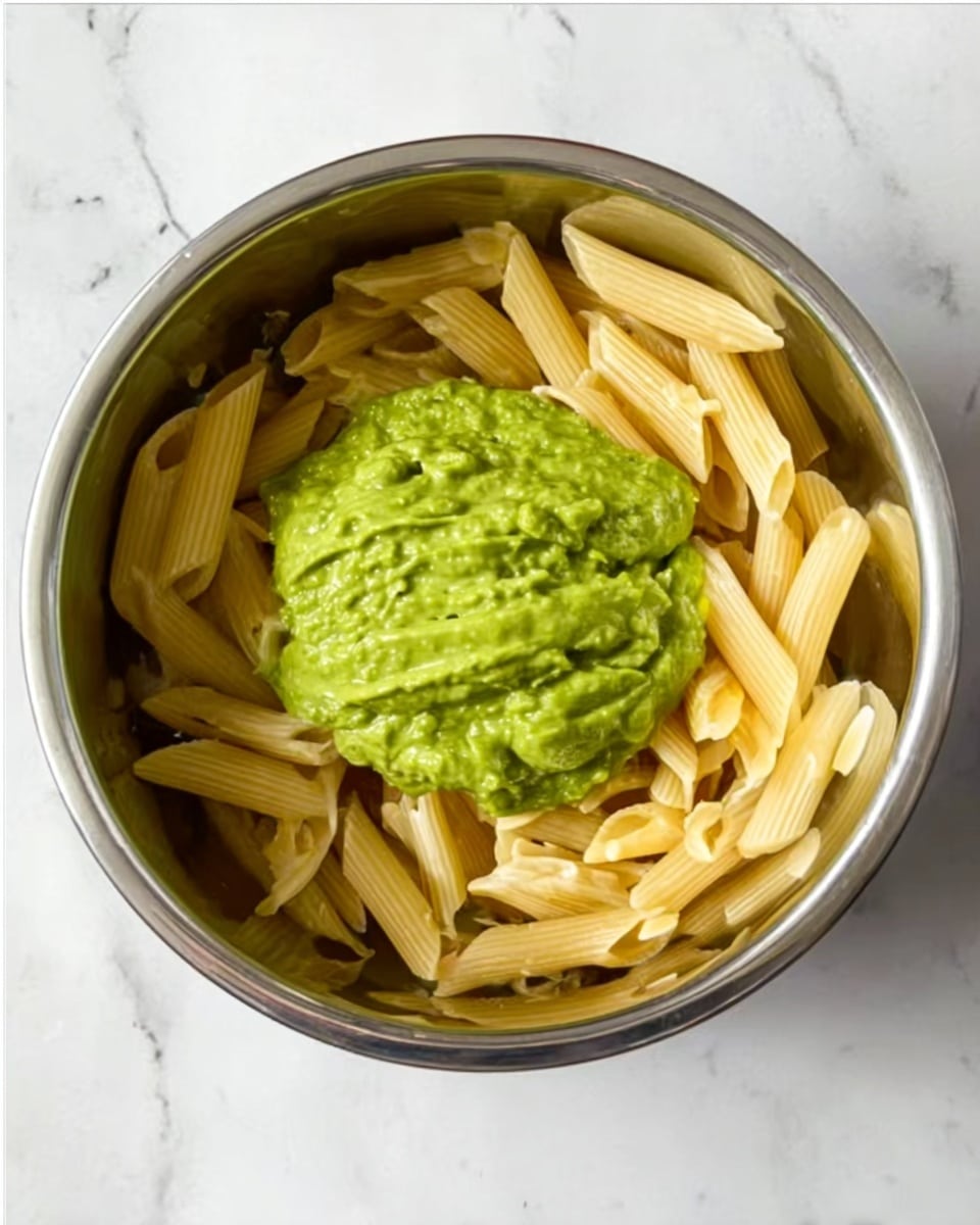 A shiny metal bowl is filled with pale yellow penne pasta, with a single mound of vibrant green sauce placed on top mostly toward the center. The pasta is arranged loosely around the sauce, showing its smooth and thick texture. The bowl sits on a surface with a white marbled texture. photo taken with an iphone --ar 4:5 --v 7