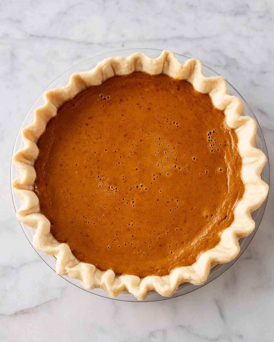 The image shows a single-layer pumpkin pie with a smooth, rich brown filling that has tiny bubbles and specks on the surface, sitting inside a lightly crimped, pale beige pie crust. The pie is placed in a clear glass pie dish on a white marbled surface. The crust has a slightly puffy edge with uniform waves all around. Photo taken with an iphone --ar 4:5 --v 7