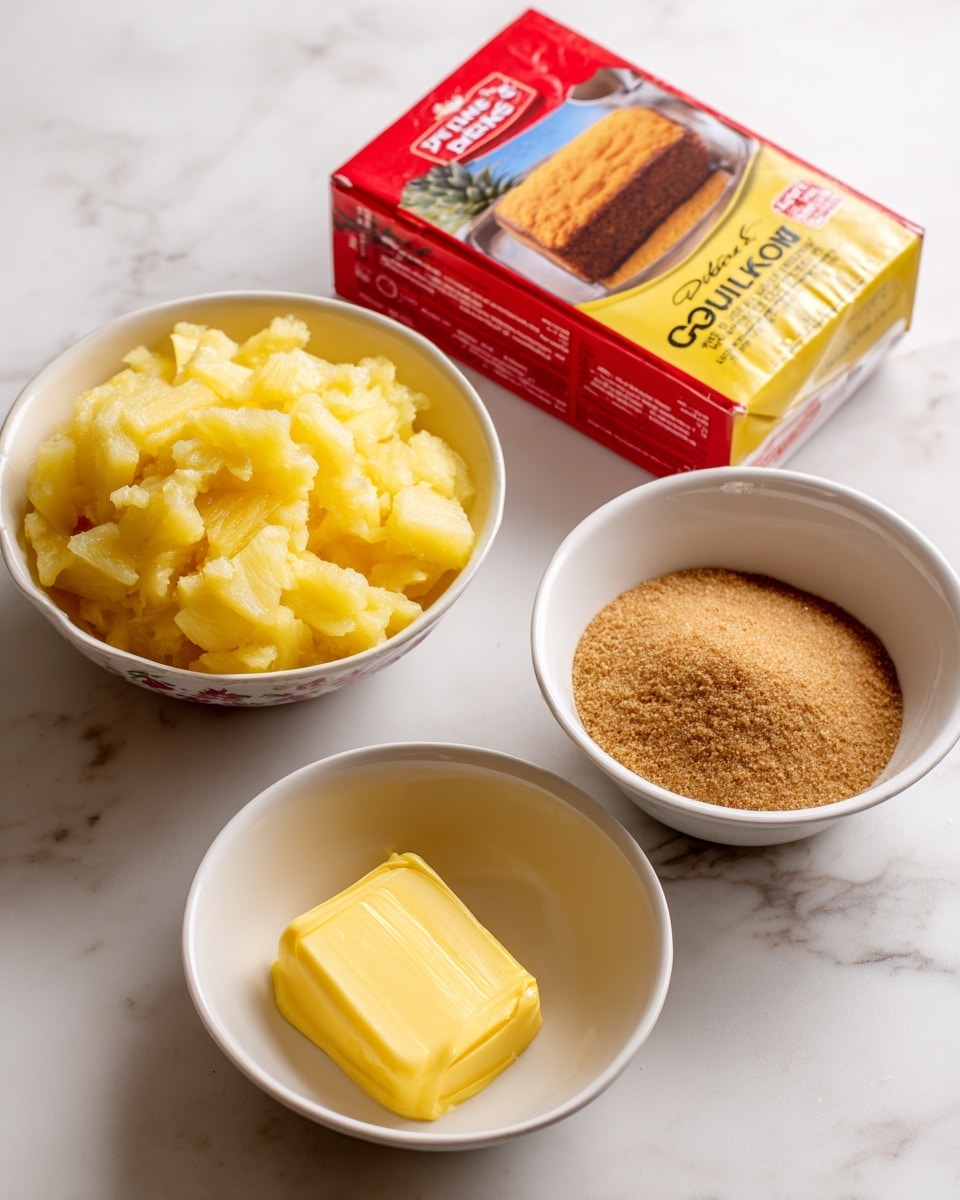 The image shows four main ingredients placed on a white marbled surface. At the top left, there is a red, yellow, and white box of Duncan Hines Classic Yellow cake mix with a picture of a yellow cake with dark frosting on the front. To the right, a white bowl is filled with crushed pineapple showing uneven chunks and syrup in a bright yellow color. Below the cake mix, a small white scalloped bowl holds light brown, crumbly brown sugar. Next to it on the right, another small white bowl contains melted butter in a smooth bright yellow liquid. Each item is clearly labeled with black text above or below it. Photo taken with an iphone --ar 4:5 --v 7