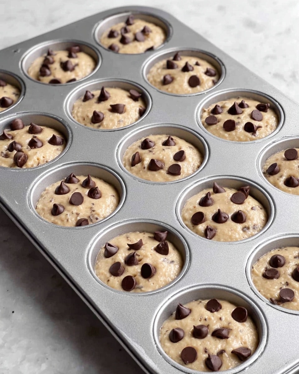 A silver muffin tray holds twelve round cavities filled with a beige batter that has a smooth texture with small darker specks throughout. Each cavity is topped with scattered dark brown chocolate chips that sit on the batter’s surface. The tray is placed on a white marbled surface. The light shows soft shadows and highlights the texture of the batter and the chocolate chips photo taken with an iphone --ar 4:5 --v 7
