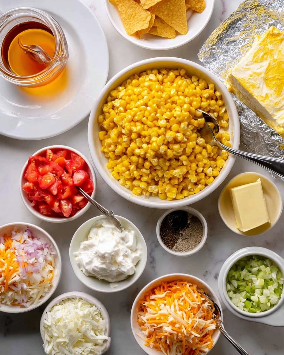 The image shows a top view of many ingredients arranged in white bowls on a white marbled surface. In the center, there is a large bowl full of bright yellow corn with a spoon inside. Surrounding it are smaller bowls with finely chopped red tomatoes, shredded white and orange cheese mix, chopped white onions, creamy white sour cream, and green chopped vegetables. There is also a bowl of light yellow melted butter and a small dish with black pepper and salt. A foil-wrapped block of cream cheese sits on a white plate, and some crushed yellow corn chips are scattered nearby. At the top left, a glass measuring cup holds amber-colored honey being poured. Photo taken with an iphone --ar 4:5 --v 7