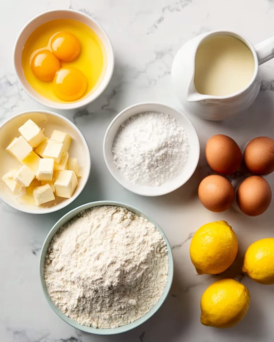 The image shows two parts with cooking ingredients on a white marbled surface. On the left side, there are five white bowls: the top left bowl has two bright yellow egg yolks, the top right bowl holds a white powder, the bottom left bowl contains small pale yellow cubes of butter, and the large bowl at the bottom center is filled with a heap of light beige flour. On the right side, there are five items arranged on the white marbled surface: four brown eggs loosely grouped at the top, a small white pitcher of creamy liquid to the top right, a bowl filled with white powder near the center, and two whole yellow lemons placed at the bottom right. Photo taken with an iphone --ar 4:5 --v 7