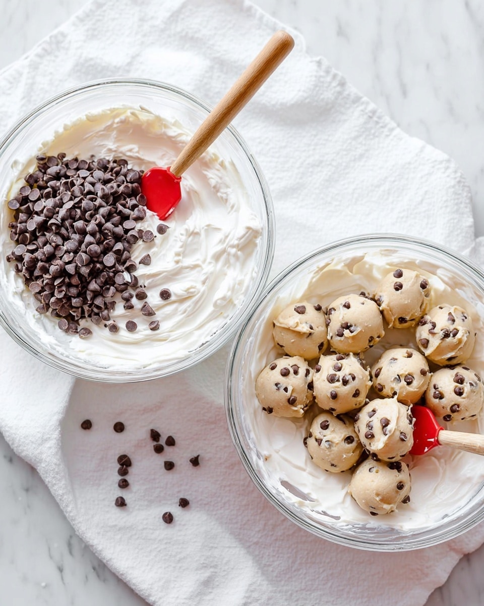 A slice of layered dessert sits on a white plate with a white marbled surface beneath; the bottom layer is a cookie dough crust filled with small chocolate chips, above it is a thick creamy white ice cream layer mixed with cookie dough pieces and chocolate chips, topped with a smooth dark chocolate layer, and finished with a layer of whipped cream decorated with round cookie dough balls and scattered mini chocolate chips on top and around the plate. photo taken with an iphone --ar 4:5 --v 7