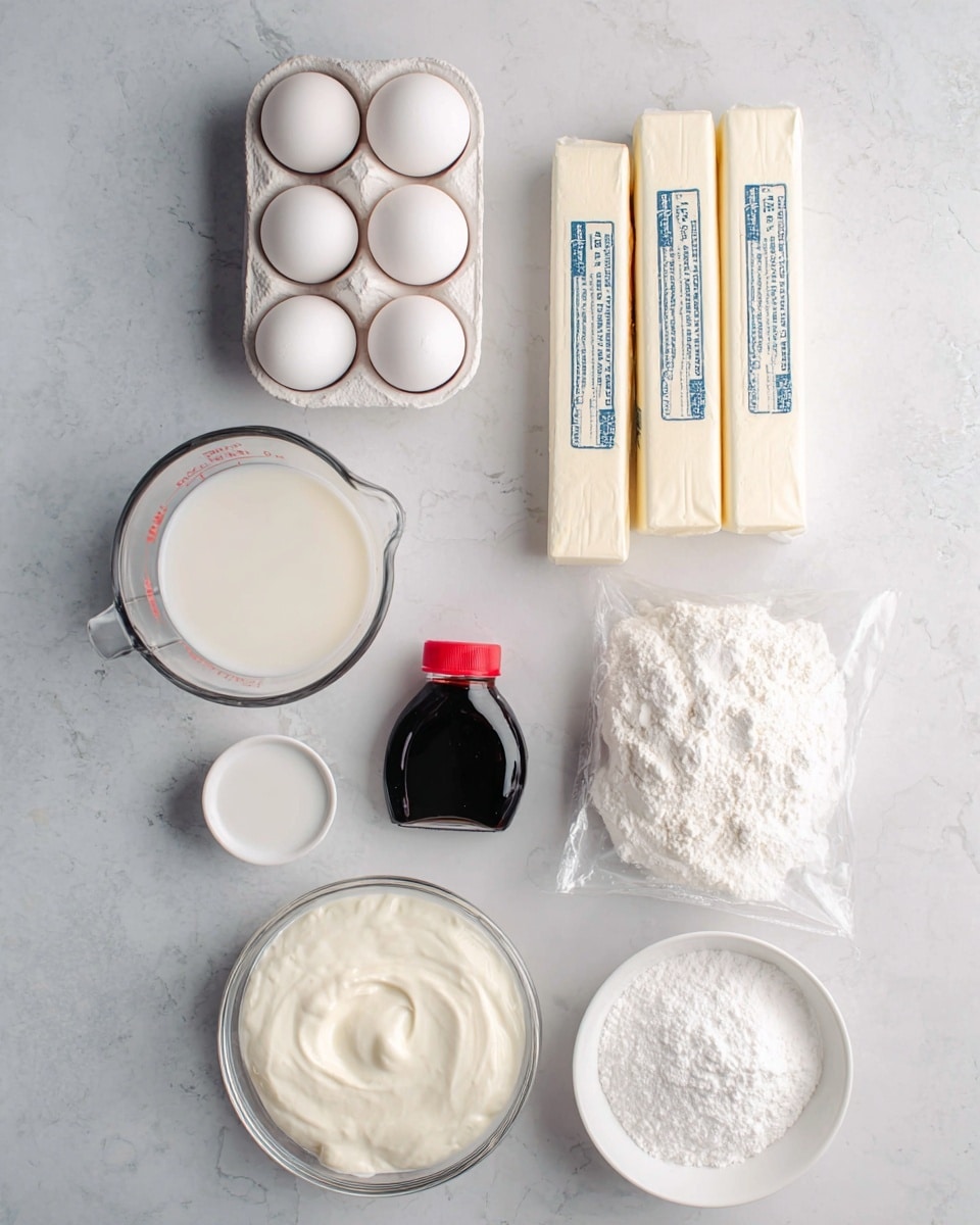 The image shows baking ingredients arranged neatly on a white marbled surface. In the top left, there is a white egg carton holding four white eggs. To the right of the eggs, there are two sticks of butter wrapped in paper with blue text. Below the eggs, there is a glass measuring cup filled with milk on the left side. Next to it is a clear plastic bag full of white flour. To the right of the butter sticks is a small black bottle with a red cap, likely vanilla extract. Below these, there are three small white bowls; one on the left with a thick white liquid, and two on the right filled with white powdered ingredients. A round clear glass bowl with white creamy content is placed near the bottom left. All colors mainly include white tones with slight hints of cream and black, over a light textured background. Photo taken with an iphone --ar 4:5 --v 7