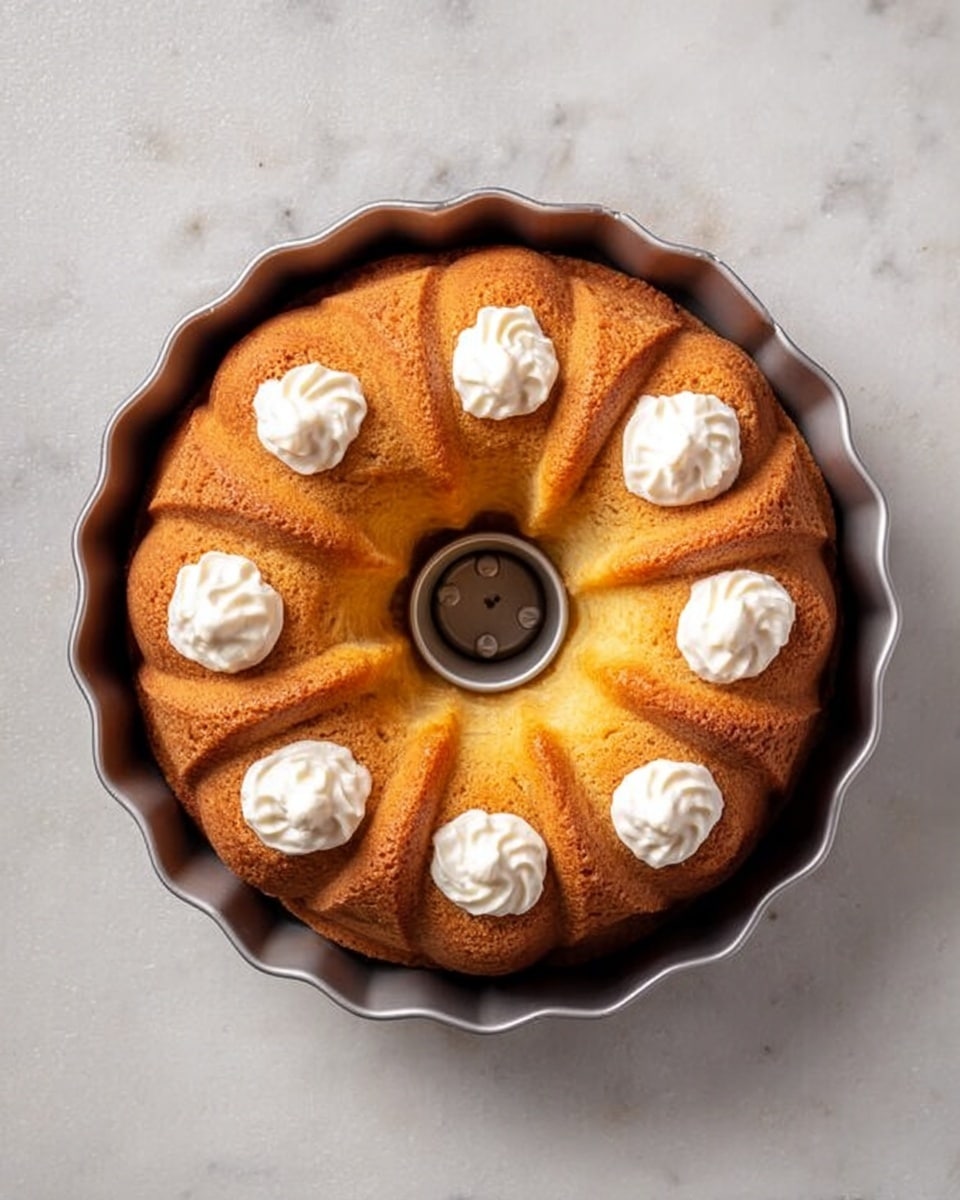 A golden brown bundt cake sits centered in a metal bundt pan with scalloped edges. The cake’s surface is smooth with a light crust, and eight small dollops of white cream are evenly spaced in a circle near the top. The pan is placed on a white marbled surface, which adds soft texture around the cake. photo taken with an iphone --ar 4:5 --v 7