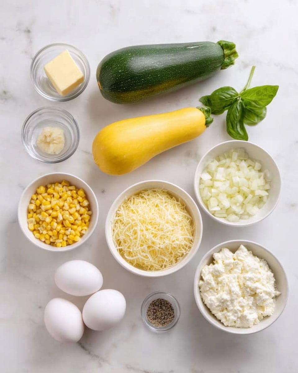 The image shows ingredients neatly placed on a white marbled surface. Starting from the left, there are two small clear bowls, one with a small piece of butter and the other with minced garlic. Next to them are two whole squash, one yellow and one green. Above the squash is a small bunch of fresh green basil leaves. To the right of the squash, a white bowl contains yellow corn kernels, beside it is a white bowl filled with shredded cheese. Below the corn is a white bowl holding three white eggs, next to it is a white bowl with finely chopped onions. At the bottom right corner, a white bowl holds a creamy cottage cheese mixture, and beside it is a small clear bowl with salt and pepper. All items are arranged neatly with a clean look photo taken with an iphone --ar 4:5 --v 7