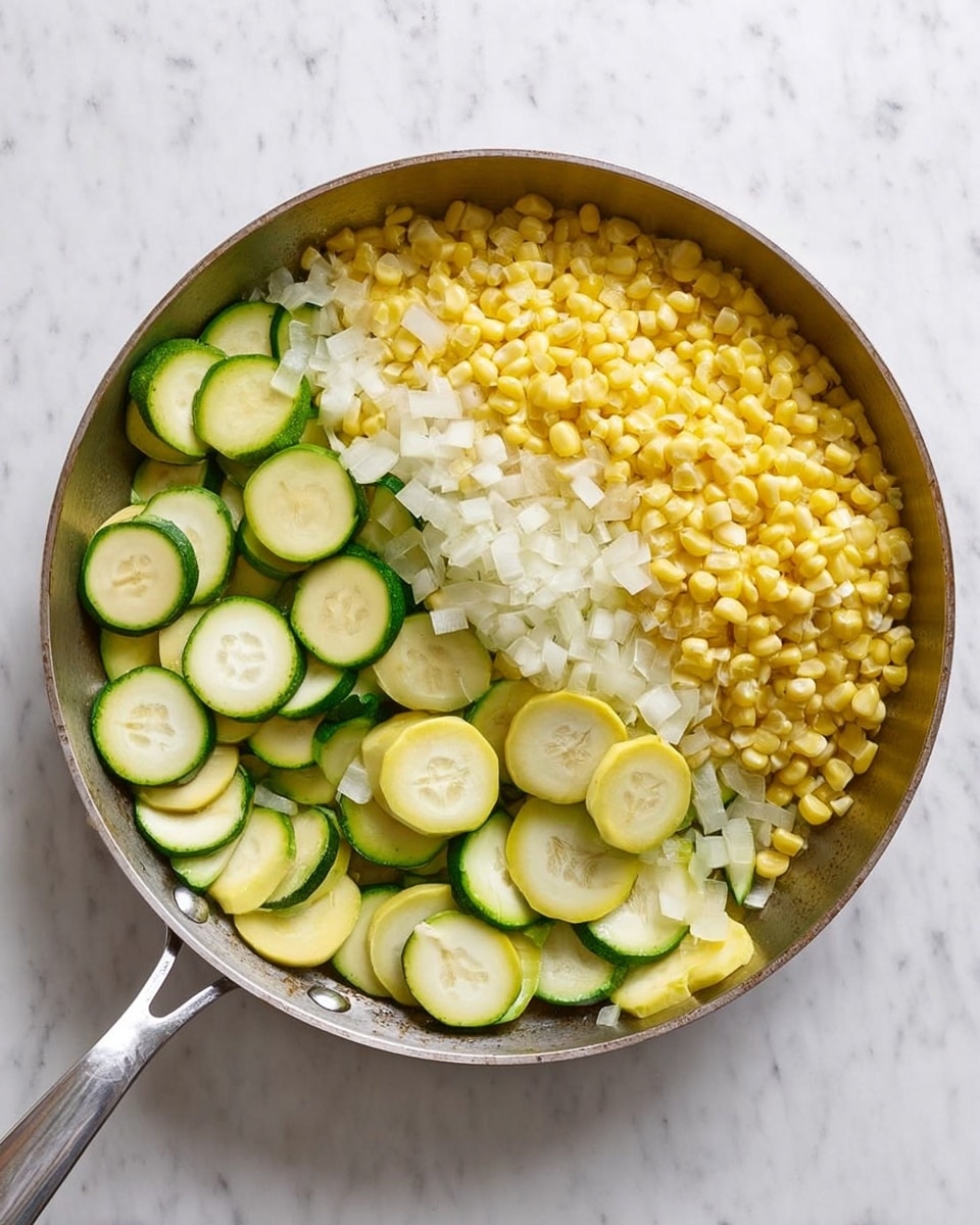 A metal frying pan is placed on a white marbled surface, filled with three main layers of fresh vegetables. The bottom layer has thin, round slices of green zucchini and yellow squash mixed together, arranged evenly across the pan. On top of the zucchini and squash is a small layer of finely chopped white onion scattered throughout. The topmost layer is a pile of bright yellow corn kernels covering one side of the pan. The pan handle extends out to the left side. photo taken with an iphone --ar 4:5 --v 7