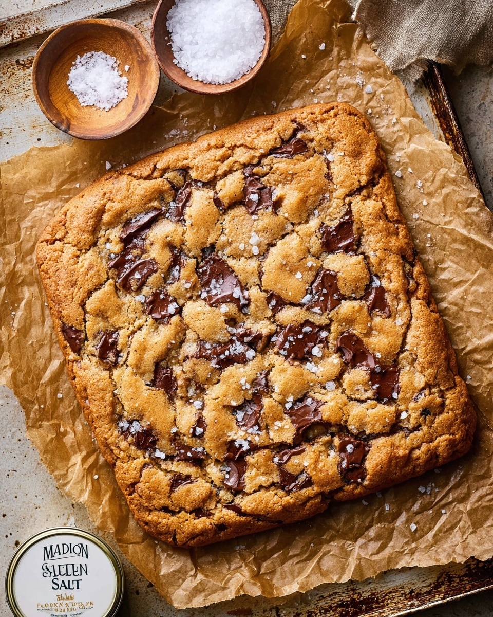 The image shows a large square chocolate chip cookie on crumpled brown parchment paper, placed on an old baking sheet with a worn look. The cookie is golden brown with visible softened chocolate chunks scattered all over the top. Small flakes of sea salt are spread across the cookie’s surface, adding texture and contrast to the warm tones. A small round wooden bowl with coarse salt is near the top left corner. At the bottom edge, there is a white tin container labeled