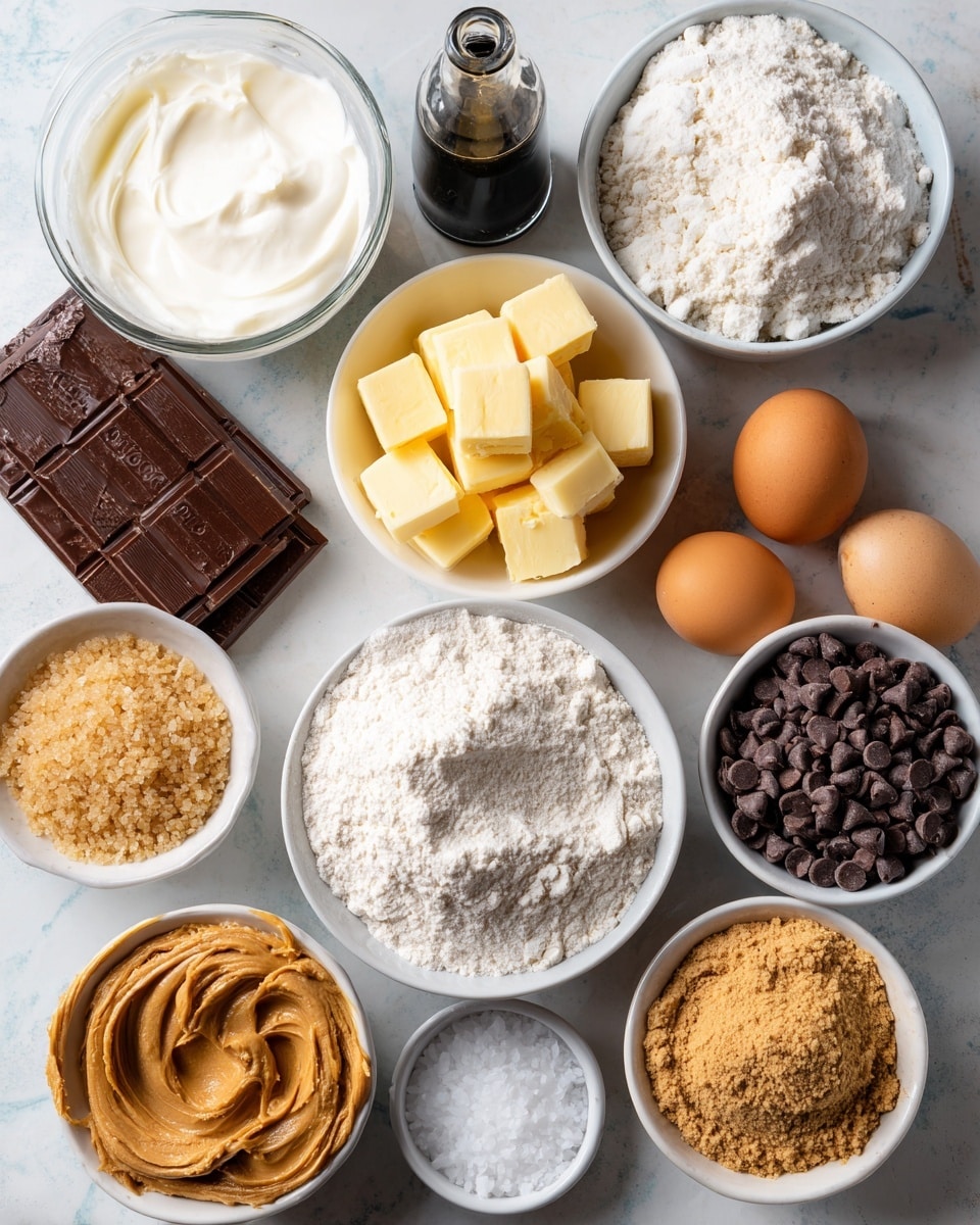 The image shows a flat lay of various baking ingredients on a white marbled surface. There are two brown eggs placed near a small white bowl of heavy cream. Next to them is a dark bottle of vanilla extract. A tiny white bowl holds baking powder, and nearby is a white bowl filled with cubed butter. Three yellow chocolate bars labeled