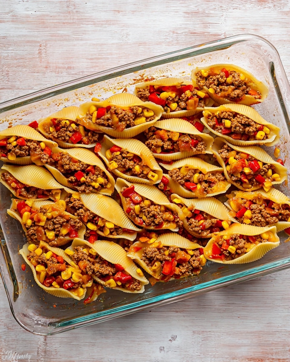 The image shows a clear glass baking dish filled with large pasta shells. Each shell is stuffed with a mix of ground meat, bright yellow corn kernels, and small pieces of red and orange bell peppers. The pasta shells are arranged close together, filling the entire dish in one layer. The filling is chunky and colorful, with the red and yellow vegetables standing out against the brown meat and pale pasta. The baking dish rests on a white marbled texture surface. Photo taken with an iphone --ar 4:5 --v 7