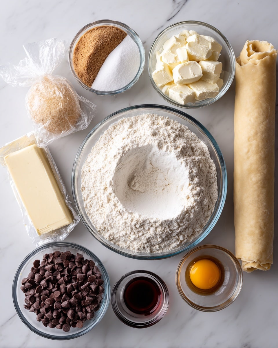 Several clear glass bowls with ingredients arranged on a white marbled surface. The largest bowl in the center holds white flour with a small indentation. To its left, two smaller bowls contain white sugar and light brown sugar with a slightly crumbly texture. Above the flour is a wrapped stick of pale yellow butter. To the right of the flour, there is a bowl of dark brown chocolate chips with a smooth texture and another small bowl with a cracked raw egg showing a yellow yolk. Small containers hold white salt, off-white baking soda, and dark brown vanilla liquid. A rolled-out pale pie crust rests horizontally on the right side. All bowls and containers are clear glass. Photo taken with an iphone --ar 4:5 --v 7