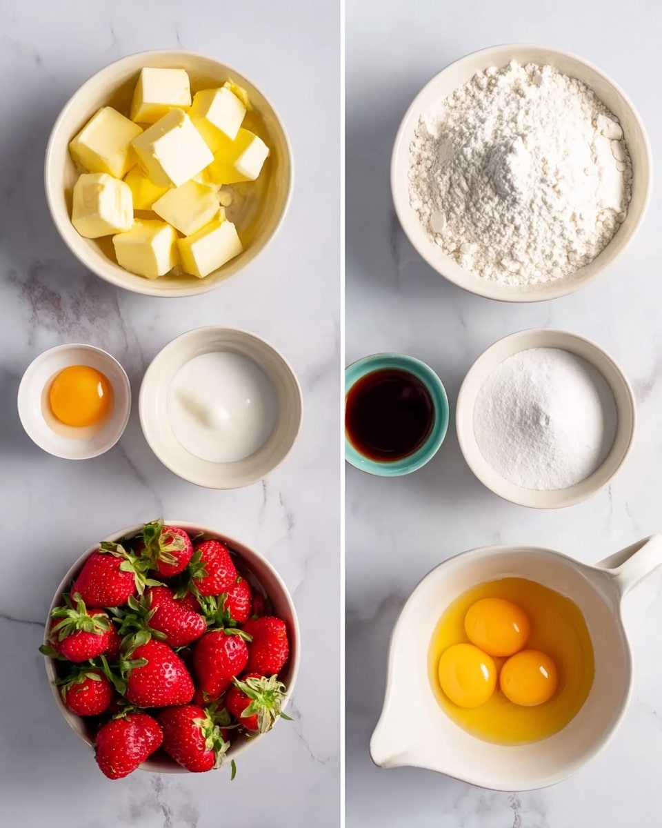 The first image shows four white bowls on a white marbled surface, each holding a baking ingredient: one bowl has yellow cubed butter, the second has two egg yolks, the third contains white powdered sugar, and the largest bowl is filled with white flour. The second image has six white bowls arranged on the same surface; the center bowl holds yellow butter cubes, surrounded by bowls with two egg yolks, vanilla extract (dark brown liquid), white granulated sugar, white flour, and cream in a small white pitcher. The third image features a white bowl filled with bright red strawberries with green tops visible, alongside a smaller bowl holding a yellow fruit puree or sauce on the white marbled background. Photo taken with an iphone --ar 4:5 --v 7