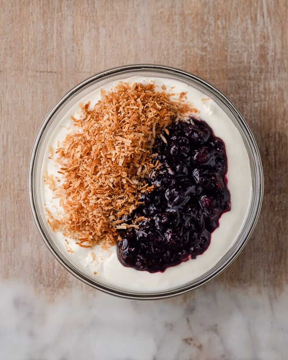A clear glass bowl sits on a white marbled surface, filled mostly with a smooth layer of white creamy mixture. On top, two separate piles rest: one side holds finely shredded light brown toasted coconut, while the other side features a dark purple glossy fruit mixture with visible whole and crushed berries. The bowl's contents show one base layer with two contrasting textured and colored toppings placed next to each other, creating a balanced and neat look. photo taken with an iphone --ar 4:5 --v 7