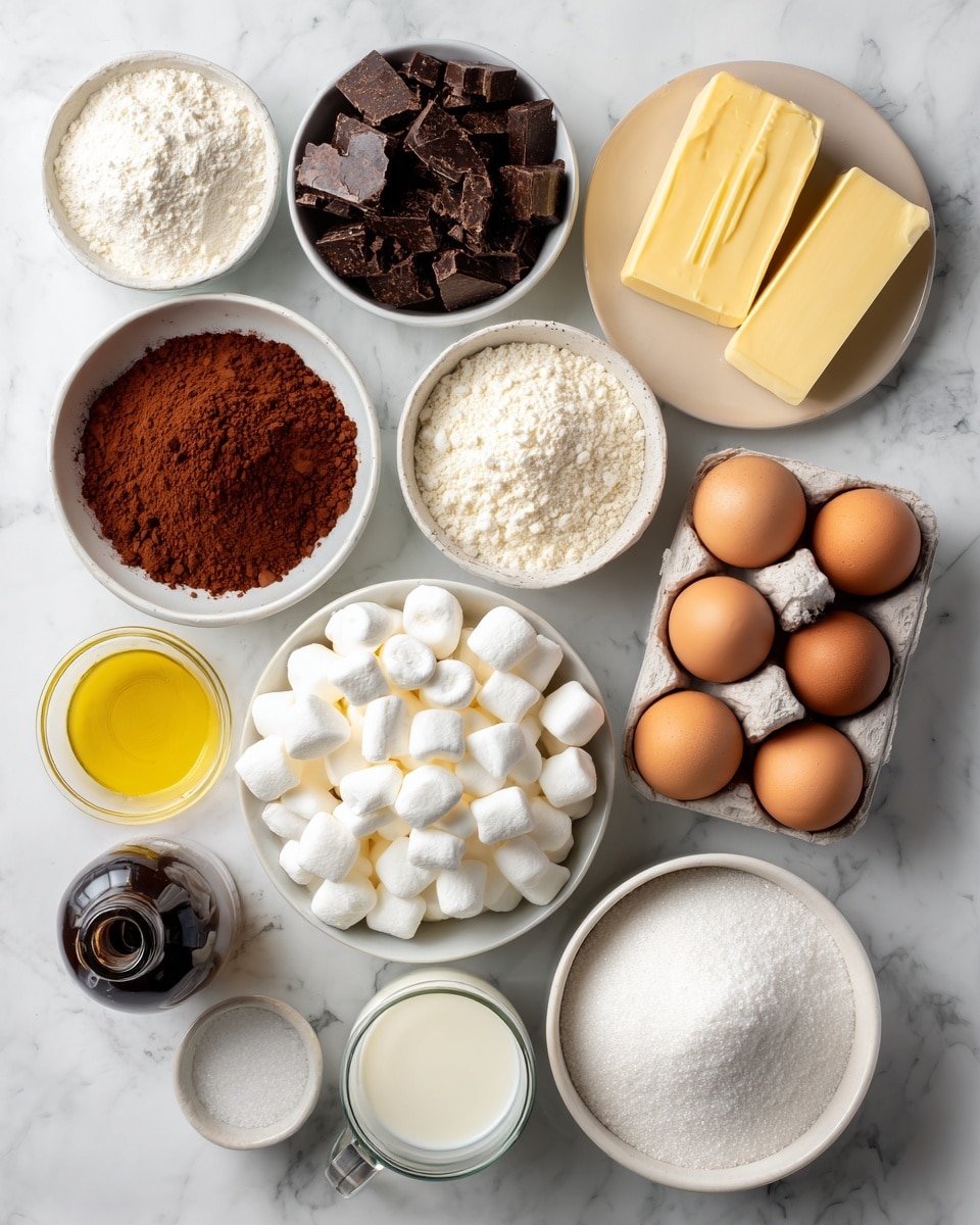 The image shows a variety of baking ingredients neatly arranged on a white marbled surface. There are twelve items in total: at the top left a small white bowl with white baking powder, next to it a white bowl filled with chunky dark chocolate pieces, and above that two sticks of yellow butter. Below the butter and chocolate are three white bowls in a vertical line: one with cocoa powder (deep reddish brown), one with dry white flour, and one with white sugar. In the middle right, four brown eggs sit in a white carton. Below the eggs is a small glass bowl with yellow oil and next to it a tiny white bowl with white salt. In the center sits a large white bowl filled with white mini marshmallows. Below that are three items: a dark bottle of vanilla, a small white bowl with brown sugar, and a white bowl overflowing with white powdered sugar. Near the flour is a clear cup of white milk. Photo taken with an iphone --ar 4:5 --v 7