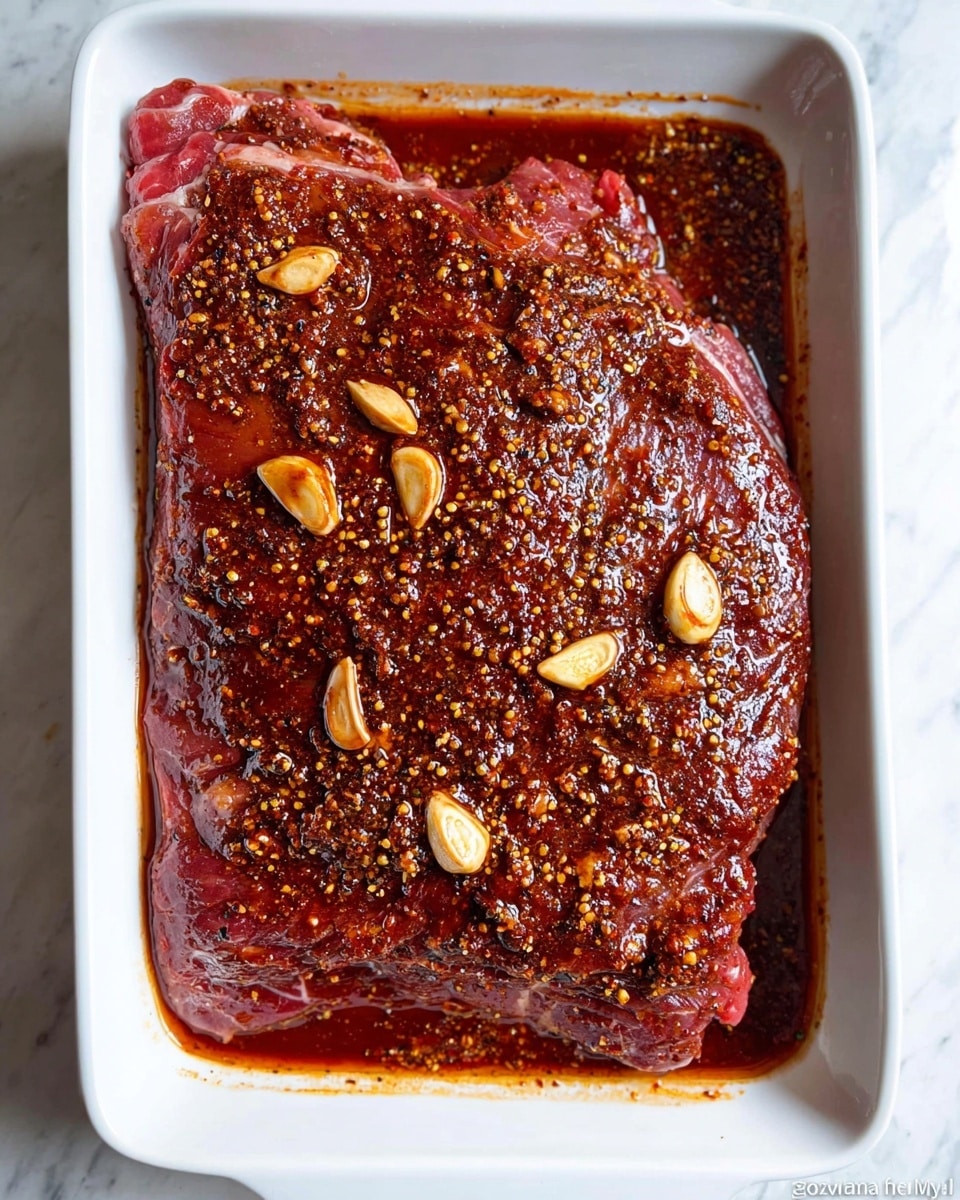 A large, raw piece of meat lies flat in a white rectangular dish. The meat is covered with a thick layer of dark red marinade mixed with spices, giving it a grainy texture. Scattered on top are several golden-brown sliced garlic pieces partially soaked in the marinade. The edges of the meat are pink and moist, contrasting with the shiny, richly coated surface underneath. The dish is placed on a white marbled surface. photo taken with an iphone --ar 4:5 --v 7