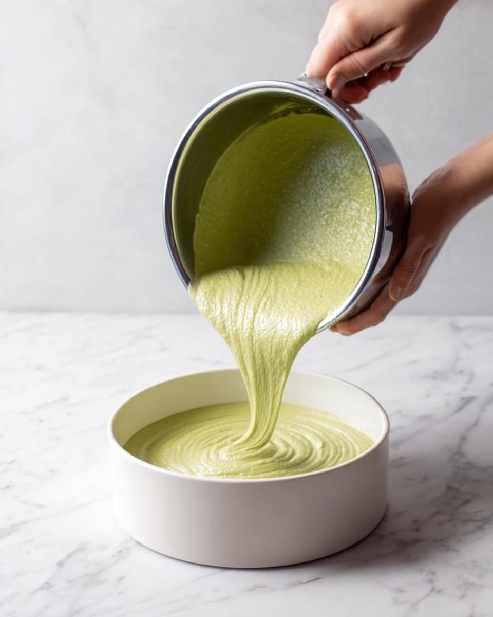 A silver metal bowl is tilted by a woman's hand, pouring a thick, smooth, light green batter into a white round pan below. The batter forms a flowing ribbon, creating soft ridges as it spreads in the pan. The scene is set on a white marbled surface that adds subtle texture. photo taken with an iphone --ar 4:5 --v 7