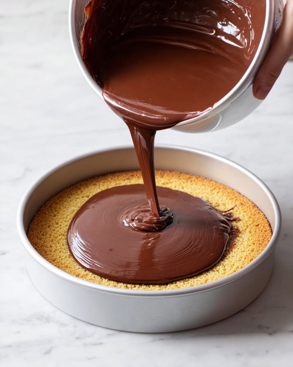 A scene showing a woman's hands holding a silver bowl tilted over a round metal pan, pouring a thick, smooth layer of dark chocolate batter over a single golden brown cake layer inside the pan. The cake layer sits flat at the bottom, its texture slightly rough and crumbly, while the chocolate batter pours in a thick stream, starting to cover the center of the cake with a glossy, rich brown surface. The background and surface beneath are a white marbled texture, bright and clean, emphasizing the contrast between the warm cake and the shiny chocolate batter. photo taken with an iphone --ar 4:5 --v 7
