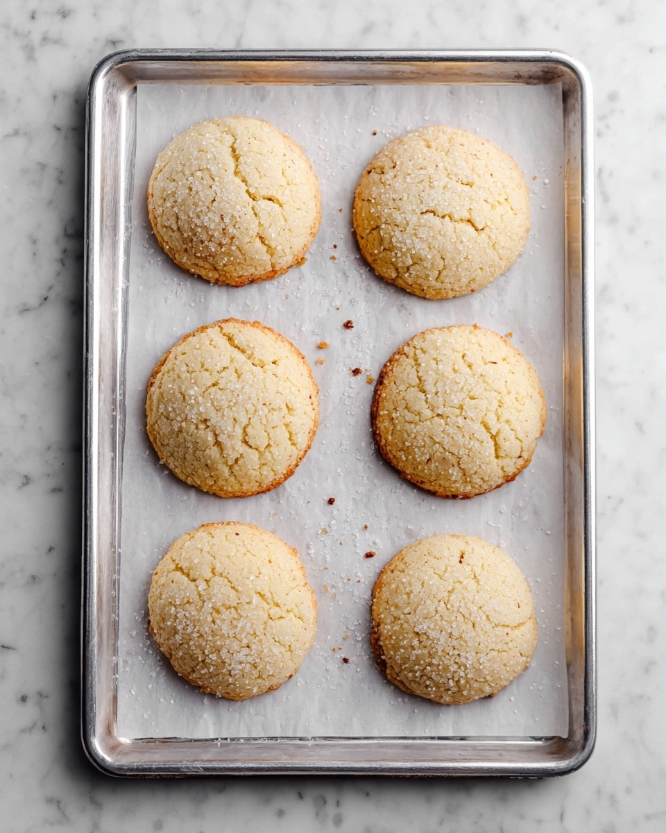 The image shows six round, golden brown cookies with slightly cracked tops resting on a white sheet of parchment paper. The cookies are arranged in two rows of three on a silver baking tray. The tray is set on a white marbled textured surface, and a light dusting of sugar crystals is visible on the cookie tops, giving a slightly sparkly texture. The cookies have a soft, slightly rough texture with a gentle rise, and there are small dark spots around the cookies on the parchment paper. Photo taken with an iphone --ar 4:5 --v 7