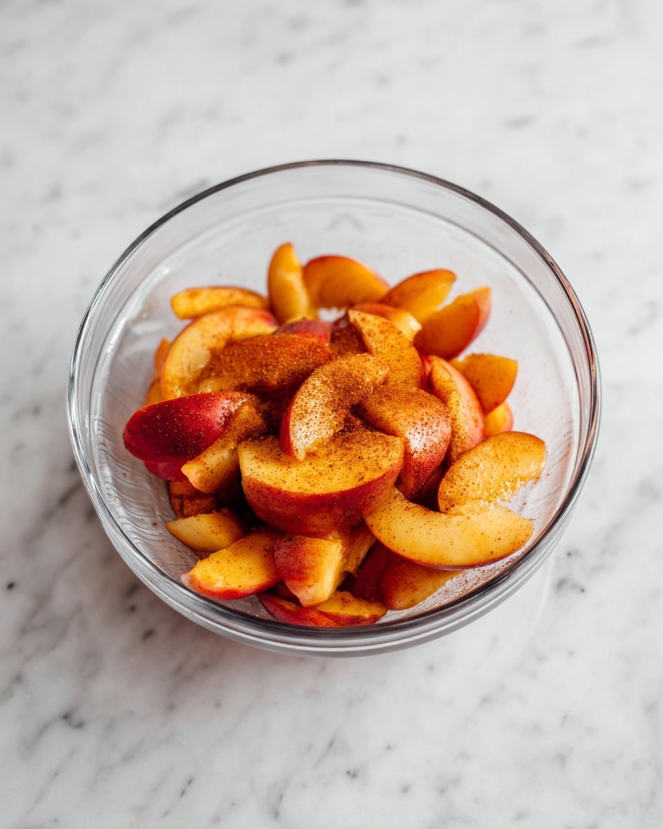 A clear glass bowl is filled with sliced peach pieces that have a rich orange and red color, showing their soft texture and juicy appearance. The peach slices are layered loosely inside the bowl with some cinnamon or spice powder lightly sprinkled on them, adding a subtle speckled brown color. The bowl sits on a white marbled surface that has gentle grey veins running through it, creating a clean and bright setting for the fruit. photo taken with an iphone --ar 4:5 --v 7