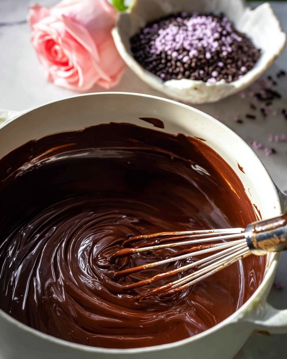 A close-up view of rich, smooth dark chocolate being stirred in a white pot with a metal whisk, showing thick swirls and a shiny texture. In the background, there is a white bowl filled with chocolate sprinkles and topped with a soft, pink rosebud, placed on a white marbled surface. The colors mainly include dark brown chocolate with hints of light reflecting on its shiny surface, white kitchenware, and the delicate pink rose that adds a gentle contrast. Photo taken with an iphone --ar 4:5 --v 7