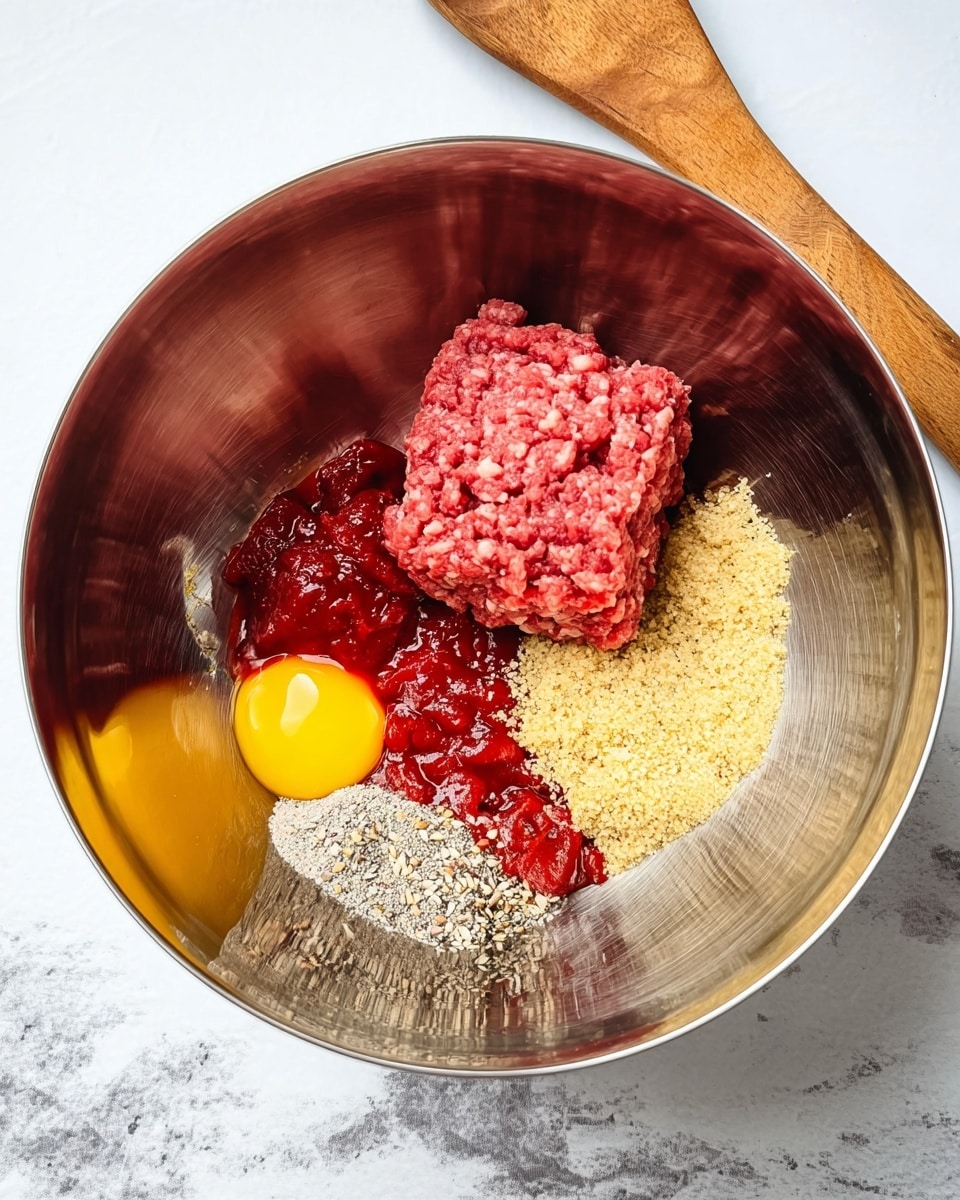 A large silver metal bowl sits on a white marbled surface with raw ingredients inside arranged in separate layers. There is a square block of ground red meat on the right side, a brownish-yellow pile of breadcrumbs below it, a bright yellow raw egg yolk to the left near the edge, a heap of red ketchup at the bottom right under the meat, and a mix of grayish seasoning with seeds on the upper right near the meat. In the background, a wooden spoon handle sticks out behind the bowl. Photo taken with an iphone --ar 4:5 --v 7