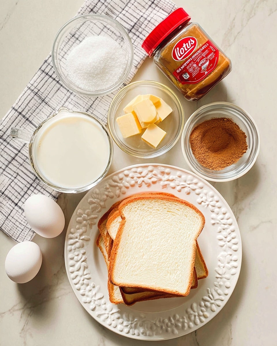 The image shows a flat lay of baking ingredients arranged on a white marbled surface. At the center bottom is a white plate with a decorative edge holding three layers of white bread slices stacked unevenly, showing brown crusts and soft white centers. Above the plate, moving clockwise, there is a clear glass cup with three small cubes of yellow butter. Next to it is a small white bowl filled with brown cinnamon powder. Below that is a tiny glass bottle of dark vanilla extract. To the left is a clear glass cup filled with white milk, beside a folded white and black checkered kitchen towel. On the towel sits a jar of Lotus Biscoff spread with a red lid and label. At the bottom left of the image are two white eggs next to a small white bowl filled with white granulated sugar. The whole setup is neat and bright. Photo taken with an iphone --ar 4:5 --v 7