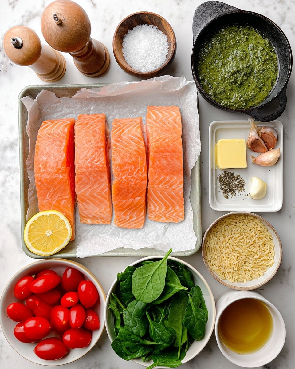 The image shows four raw salmon fillets, light orange with white lines, placed on a white metal tray lined with clear paper, positioned in the top left corner on a white marbled surface; above the tray are a wooden pepper grinder and a small wooden bowl filled with coarse white salt. To the right, there is a small white bowl filled with green pesto sauce, beside a small white dish holding a square piece of yellow butter, with two garlic cloves and a brown shallot nearby; further right is a black pot holding fresh green lettuce leaves. Below, a large white bowl holds bright red cherry tomatoes, sitting next to fresh dark green spinach leaves in another white bowl. Centered below the tray is a half lemon, cut side up, flanked by a small white bowl with dried herbs and another bowl with light beige orzo pasta. Bottom right corner has a clear glass cup filled with golden brown broth, all arranged neatly on a white marbled surface photo taken with an iphone --ar 4:5 --v 7