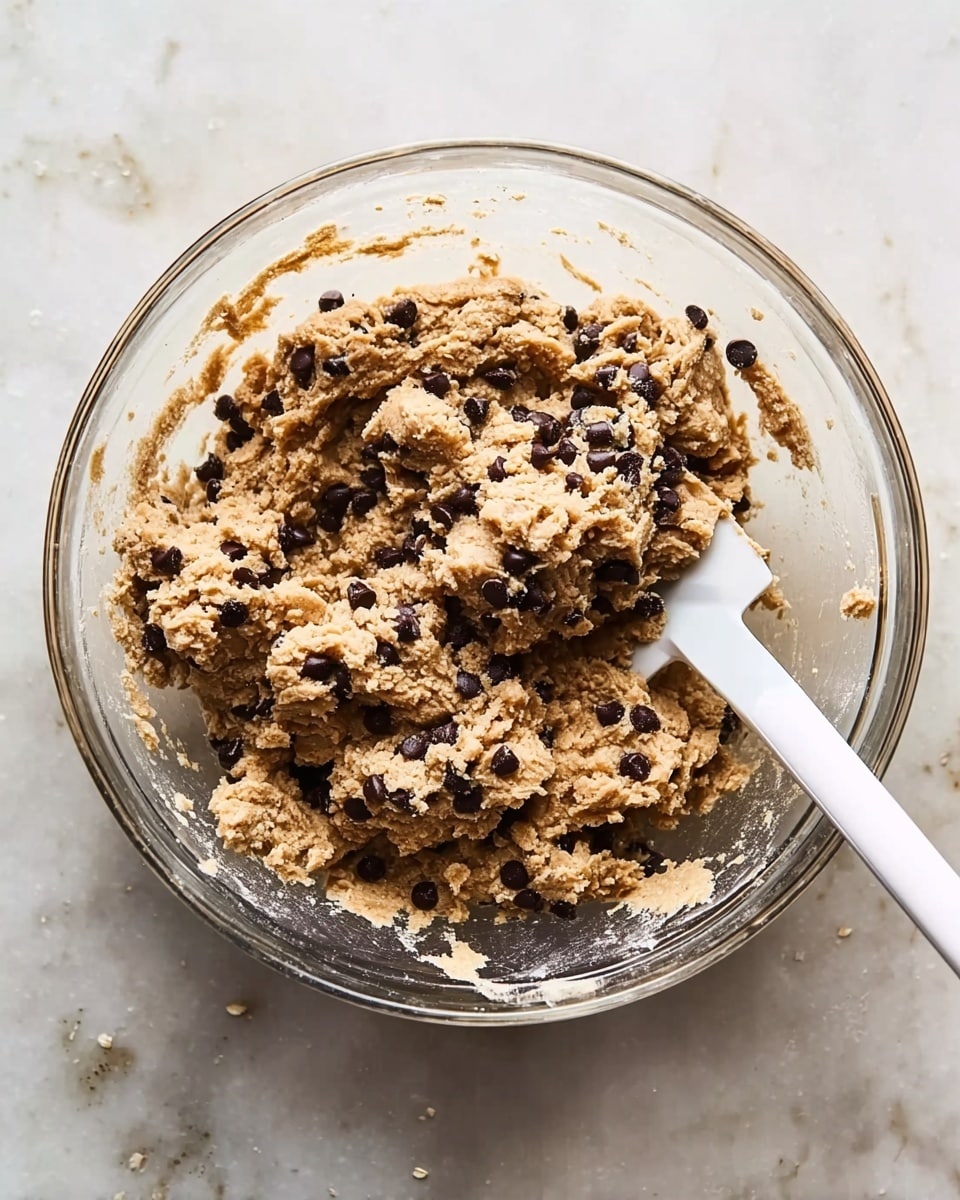 A clear glass bowl sits on a white marbled surface filled with thick, lumpy cookie dough mixed with dark brown chocolate chips. The dough is light brown with visible oats giving a textured look. A white spatula is partially stuck into the dough at the bottom center of the bowl. The bowl shows bits of dough stuck along the edges and a few small drops scattered on the surface below. photo taken with an iphone --ar 4:5 --v 7