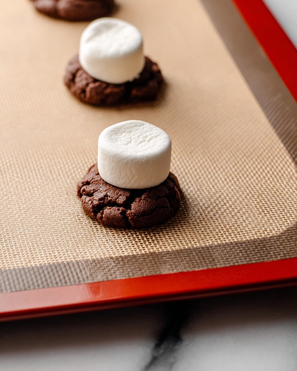 The image shows a baking tray lined with a light brown silicone mat on a white marbled surface. There are three chocolate cookie dough balls spaced out on the mat, arranged diagonally from the bottom to the top of the image. The two cookies near the top have large white marshmallows placed on top of them, while the one closest to the bottom has no marshmallow. The cookies are dark brown with a crinkly texture, and the marshmallows are smooth and cylindrical with rounded edges. Photo taken with an iphone --ar 4:5 --v 7