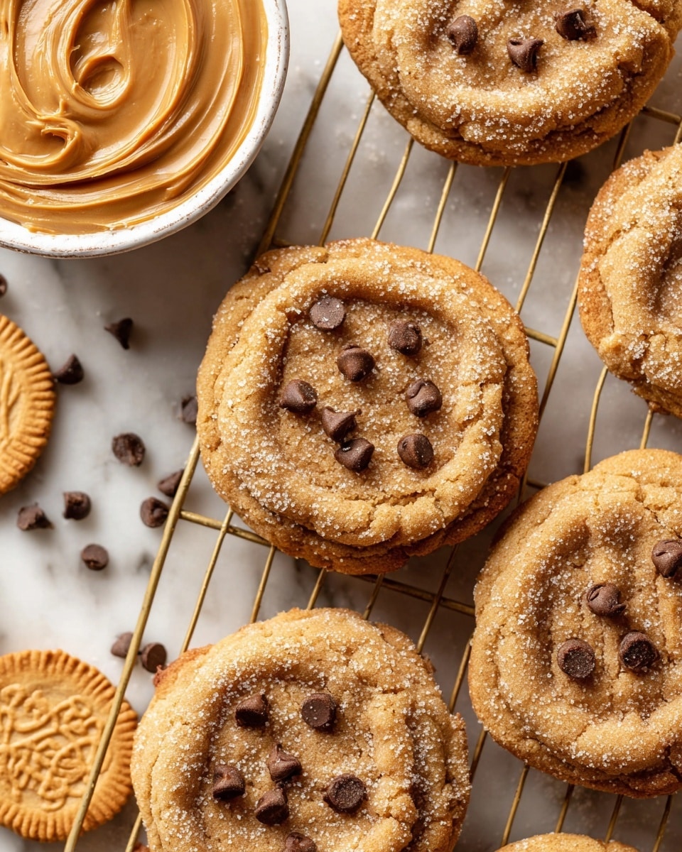 The image shows several round cookies on a wire rack over a white marbled surface. Each cookie is golden brown with a slightly rough texture, sprinkled lightly with sugar, and topped with a few small, dark brown chocolate chips scattered unevenly. The cookies have visible ridges and a soft, slightly puffy look suggesting a chewy texture inside. Nearby, there is a white bowl filled with smooth, creamy peanut butter visible in a swirl pattern, and a small biscuit with an intricate design lies partially visible on the left. Tiny chocolate chips are scattered around the wire rack as well. photo taken with an iphone --ar 4:5 --v 7