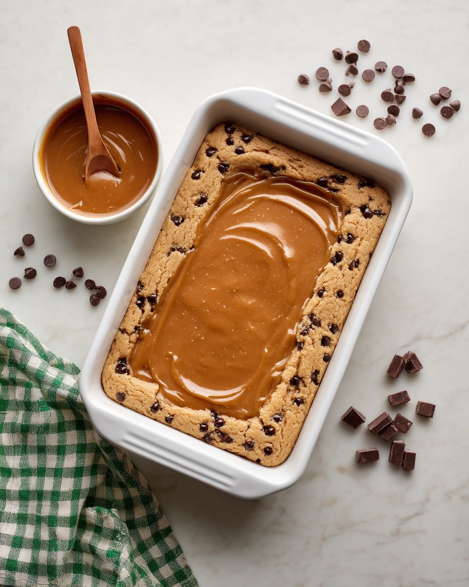 A white rectangular baking dish holds a dessert with two layers; the bottom and edges are thick cookie dough with visible dark chocolate chips, and the inner layer is a smooth, caramel-colored filling spread evenly inside the dough border. To the top right of the dish, there is a small white bowl filled with caramel sauce, with a wooden spoon resting inside. A few dark chocolate chips are scattered around the bowl and dish on the white marbled surface, and part of a green and white checkered cloth is visible at the bottom left corner of the image. Photo taken with an iphone --ar 4:5 --v 7